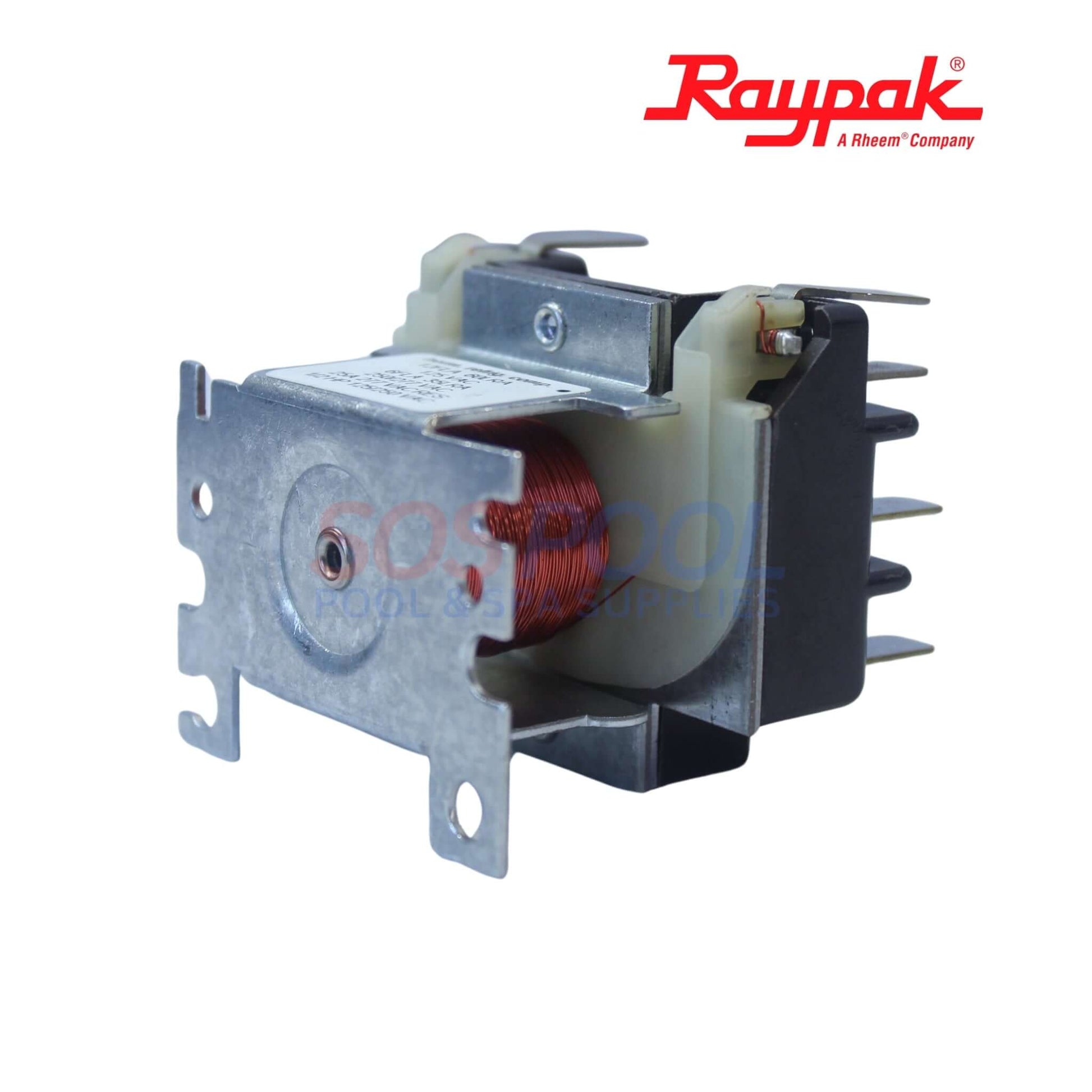 Raypak Hi-Delta DPST 24V Relay | 007376F, side view showing coil, silver metal frame, fits swimming pool systems, OEM-grade.