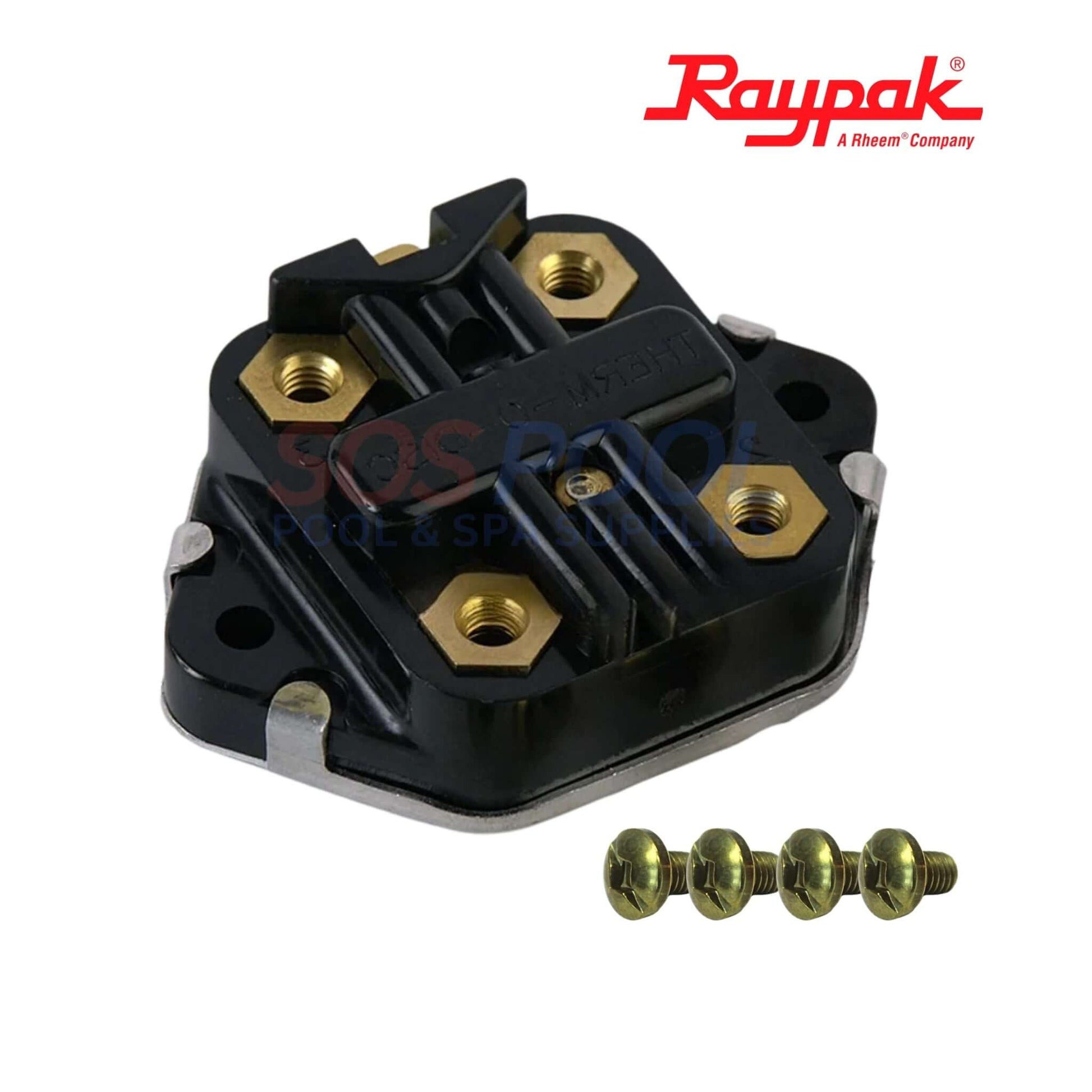 Raypak High Limit Switch for ELS 552 & 1102 | 001811F, black safety component with gold terminals, includes screws, essential for overheating protection.