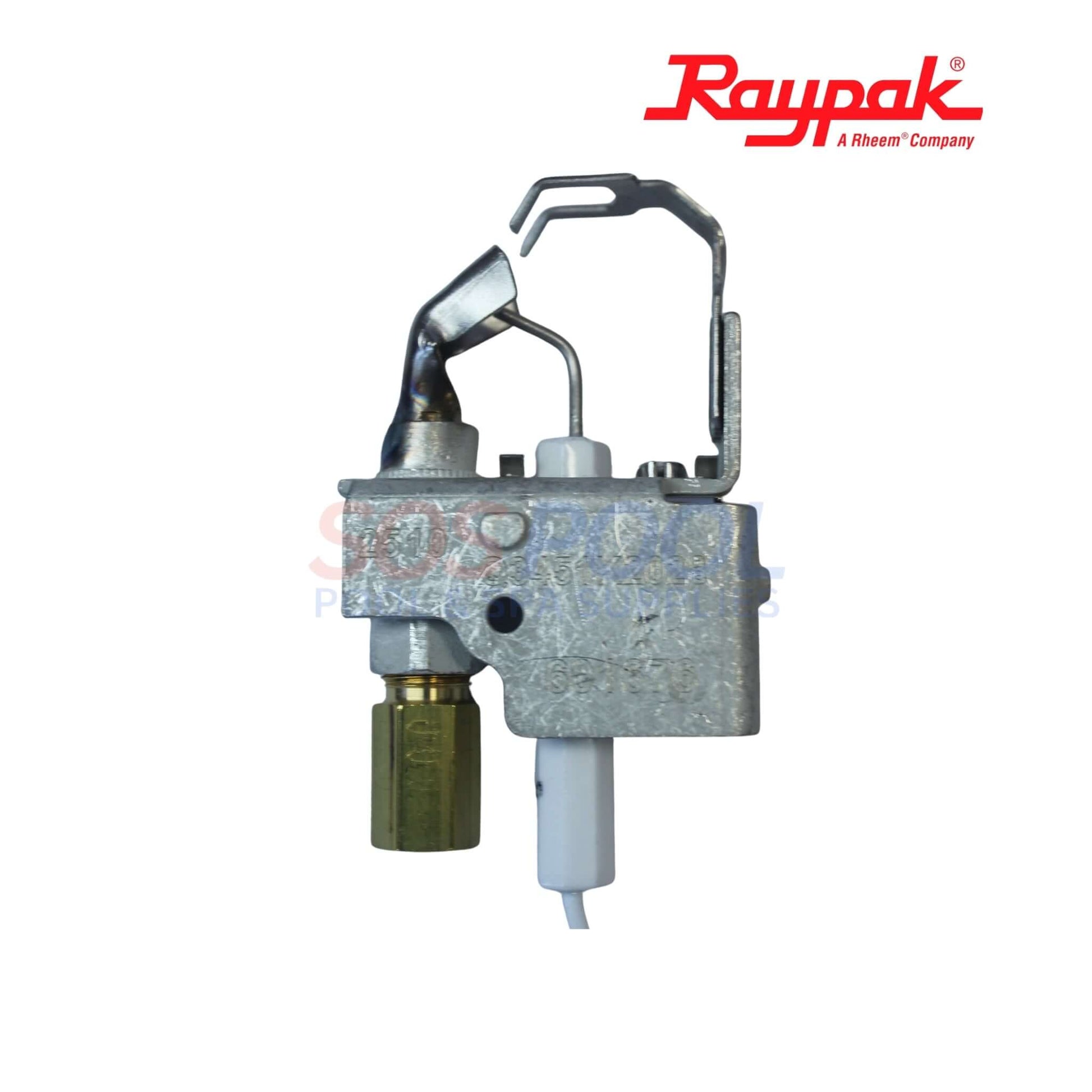Raypak Low NOx Natural Gas Pilot For R185A-R405B | 008155F, OEM ignition component for pool heaters, silver metal with orifice and electrode.