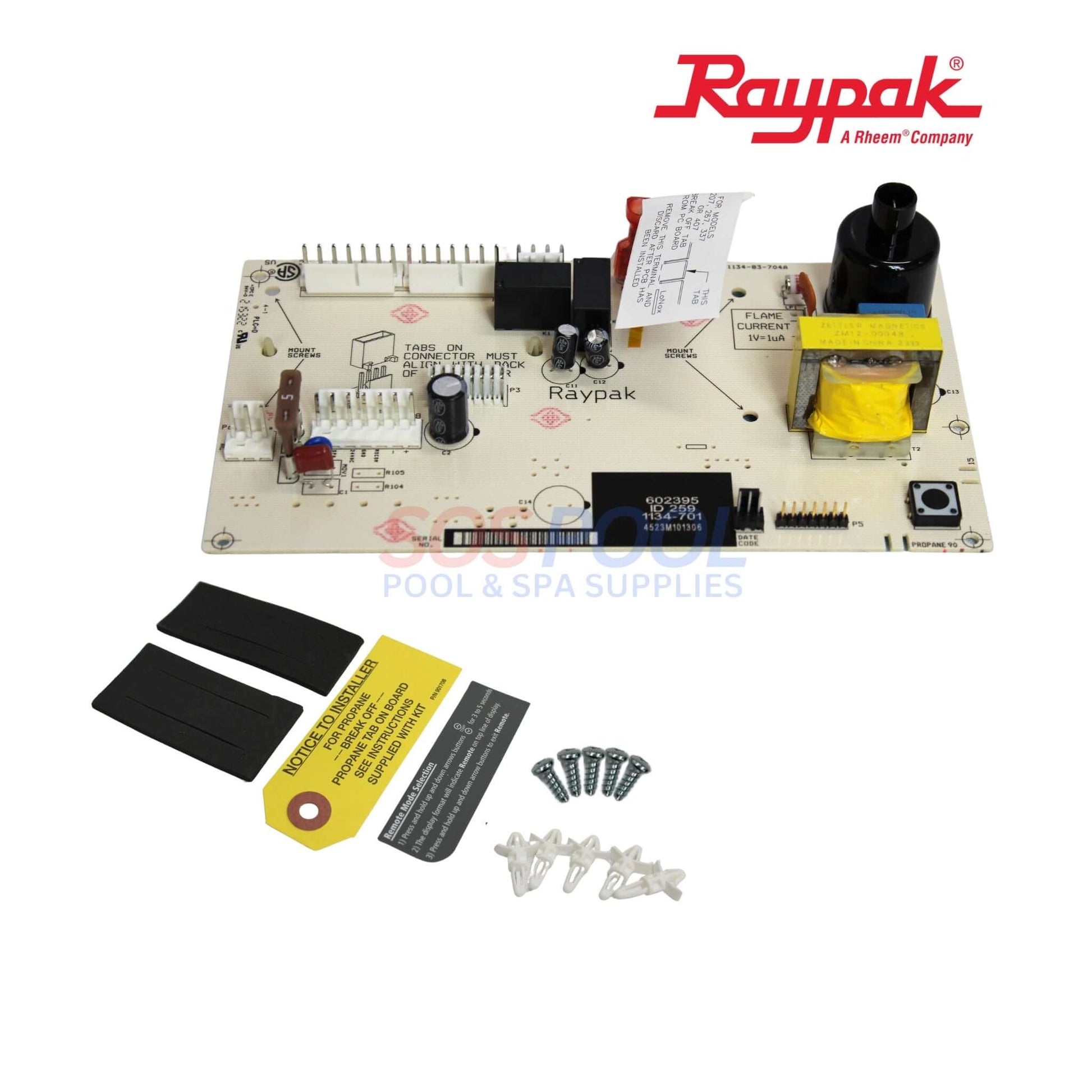 Raypak PC Control Board Kit for Digital Gas Heaters with LCD display, Flame sensing, and SOS Pool compatibility.