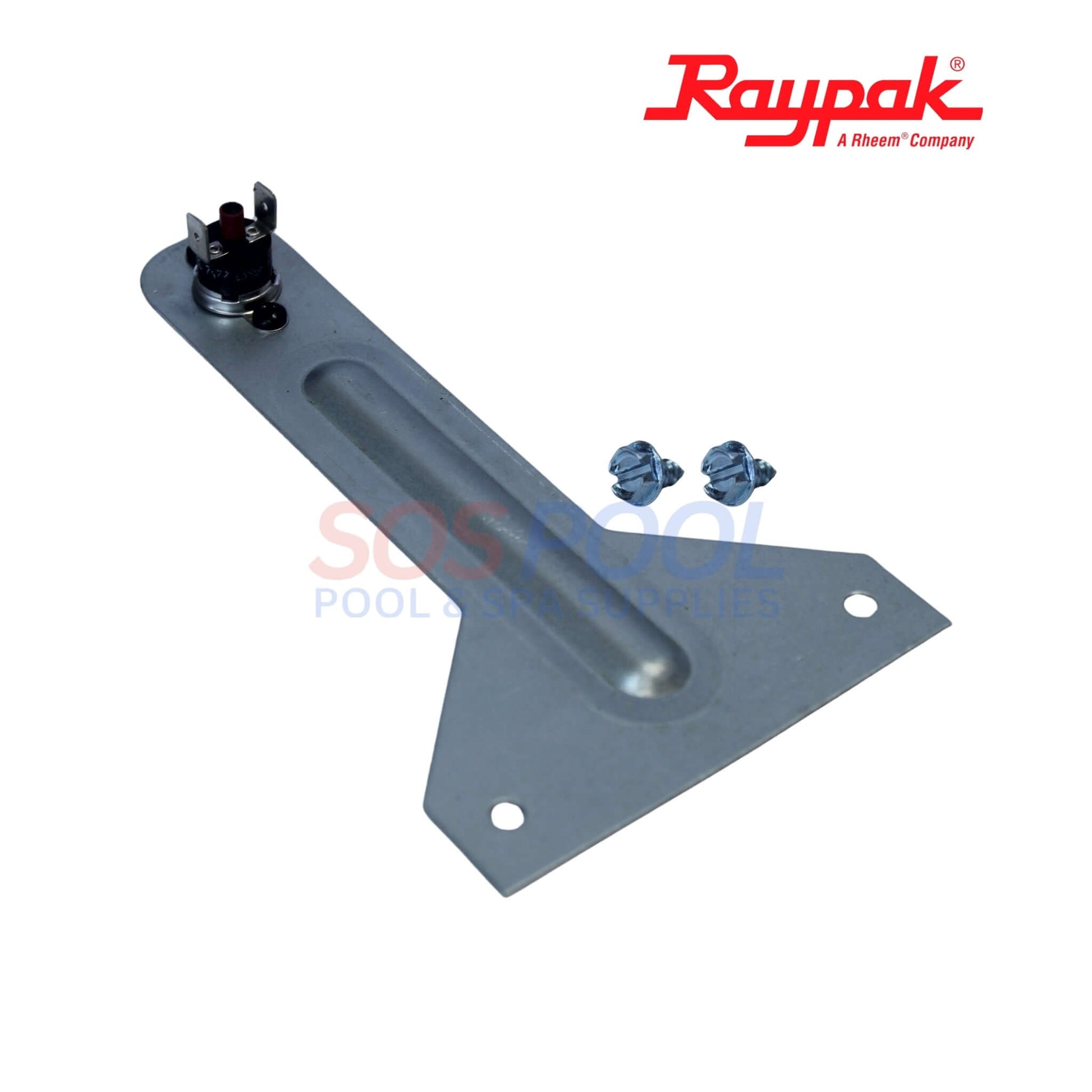 Raypak Temperature Sensor Limit For Avia 264A & 404A | 018853F in gray, includes mounting bracket and screws, features durable construction.