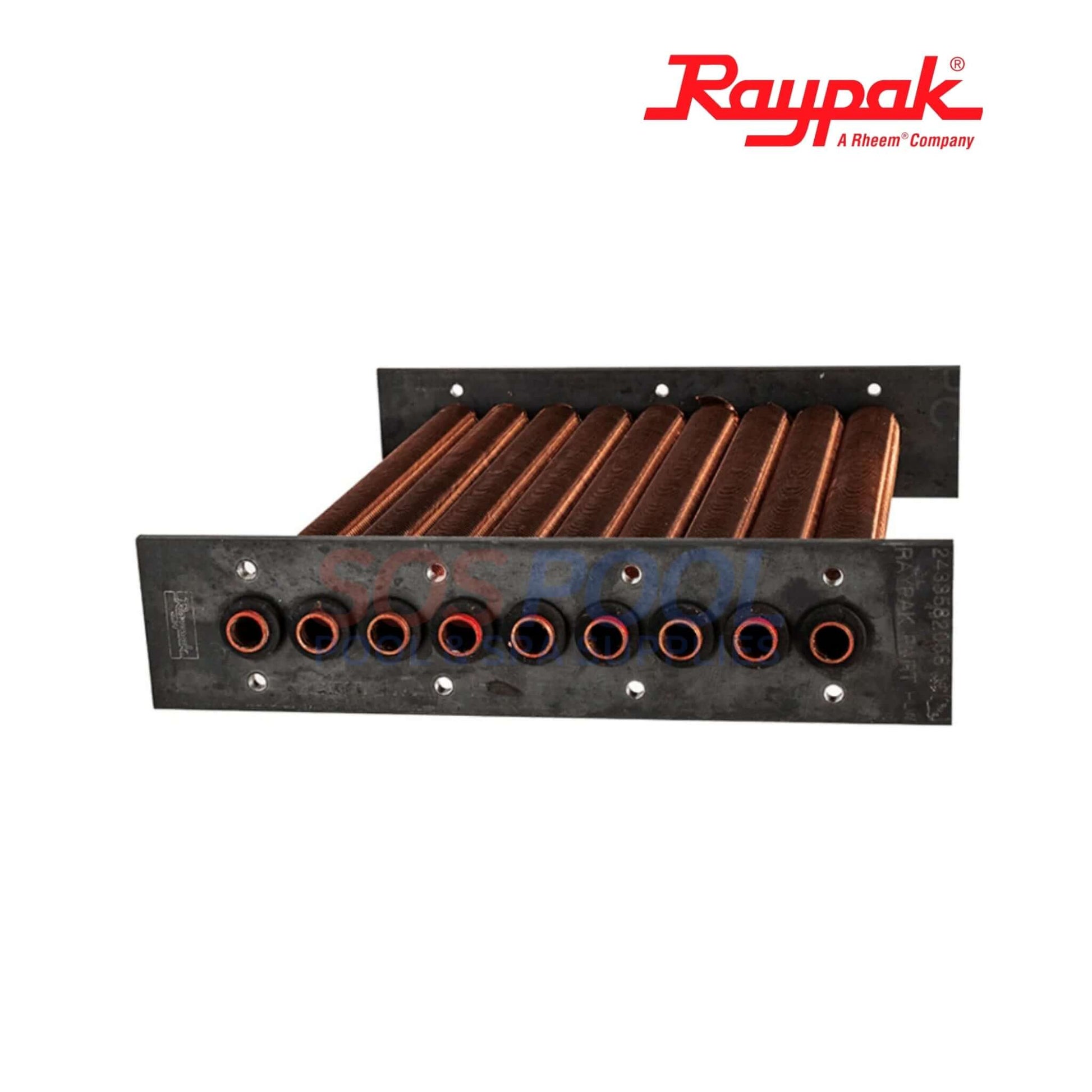 Raypak Tube Bundle Heat Exchanger For 265-267 | 006733F with nine copper tubes, black ASME header, perfect for SOS pool supplies.