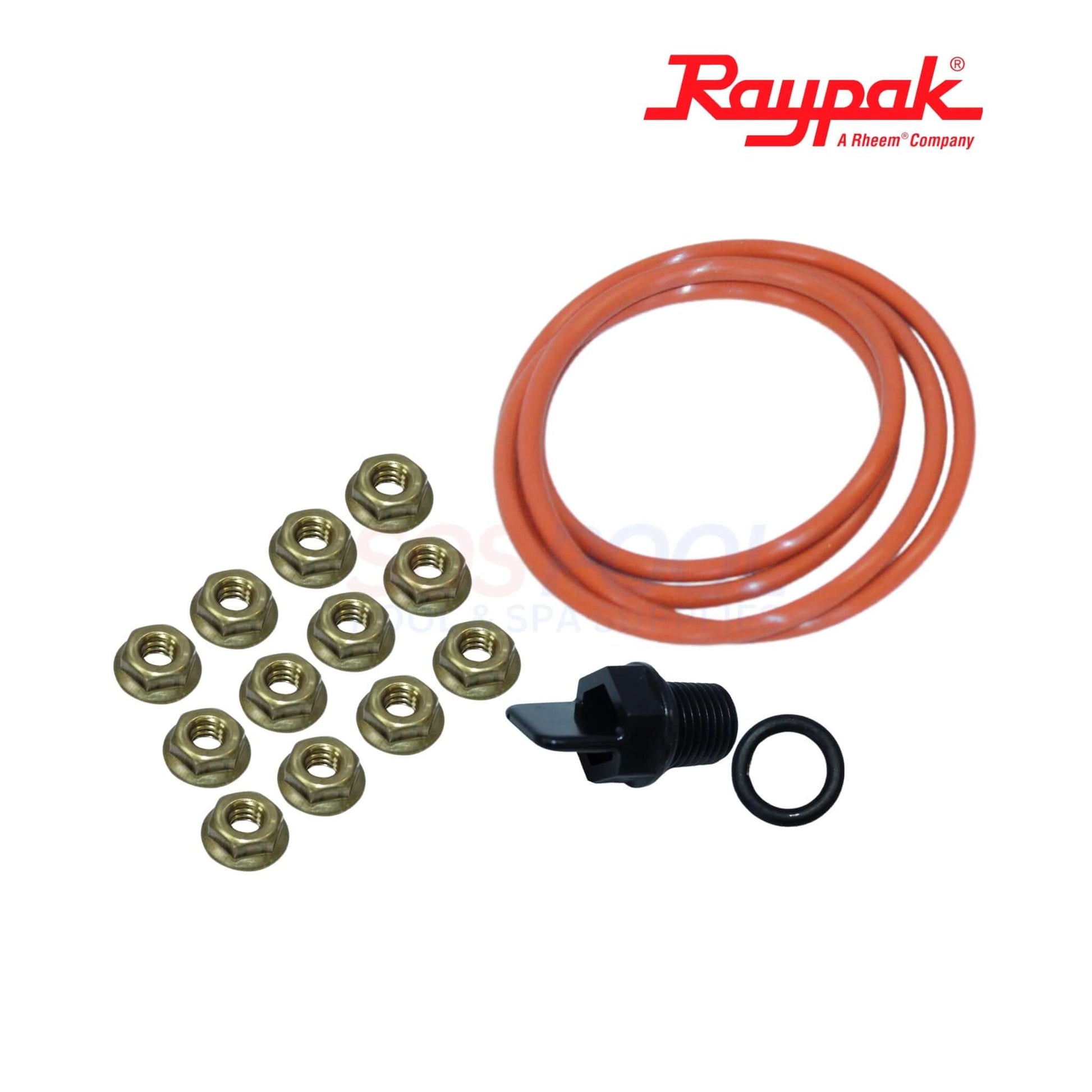 Raypak heater repair parts including 12 brass nuts, orange O-rings, and a fitting for seamless installation | SOS Pool | 015095F