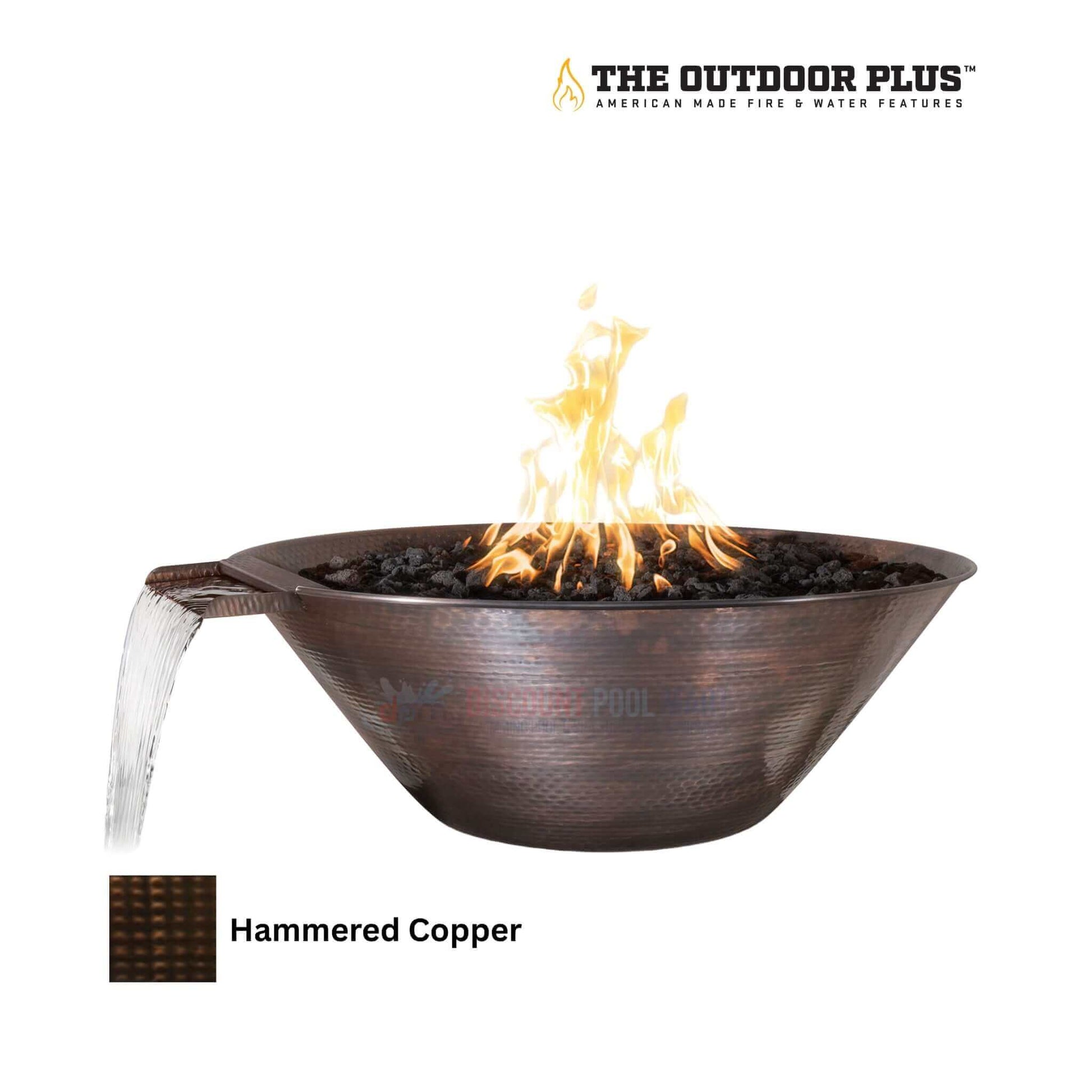 The Outdoor Plus 31" Remi Fire & Water Bowl in Hammered Patina Copper by Discount Pool Mart DPM features flames and water.
