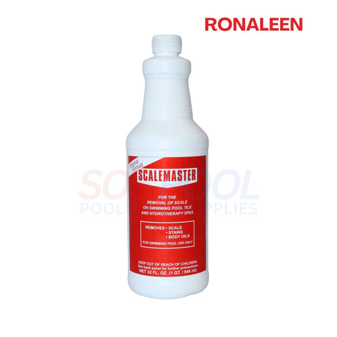 Ronaleen ScaleMaster Pool Scale Remover 32oz (Part 10-1350) bottle, effective for cleaning pool tiles and spas.