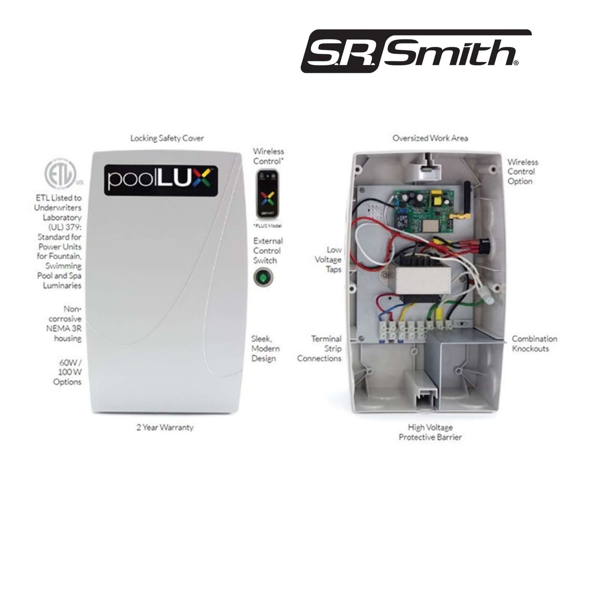 S.R. Smith PoolLux Plus Lighting Control System features with locking safety cover and wireless control 3TR-PLX-PL60.