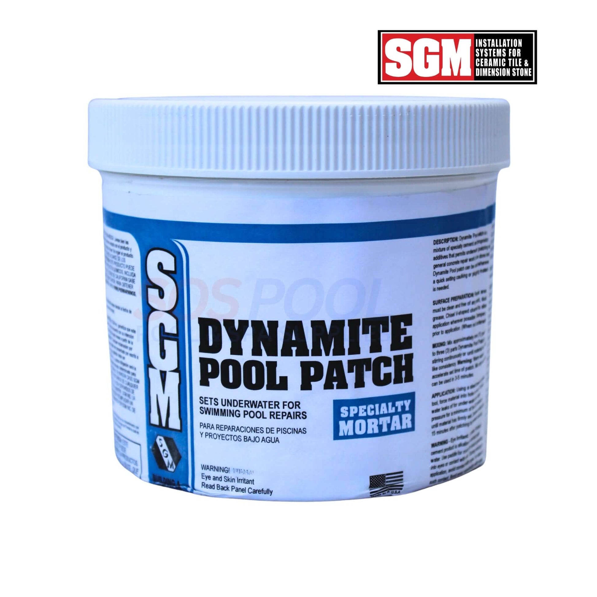 SGM Dynamite Underwater Pool Patch Repair | White | 3lbs | PLBPP3 SOS Pool in a white container showing label, ideal for pool repairs.