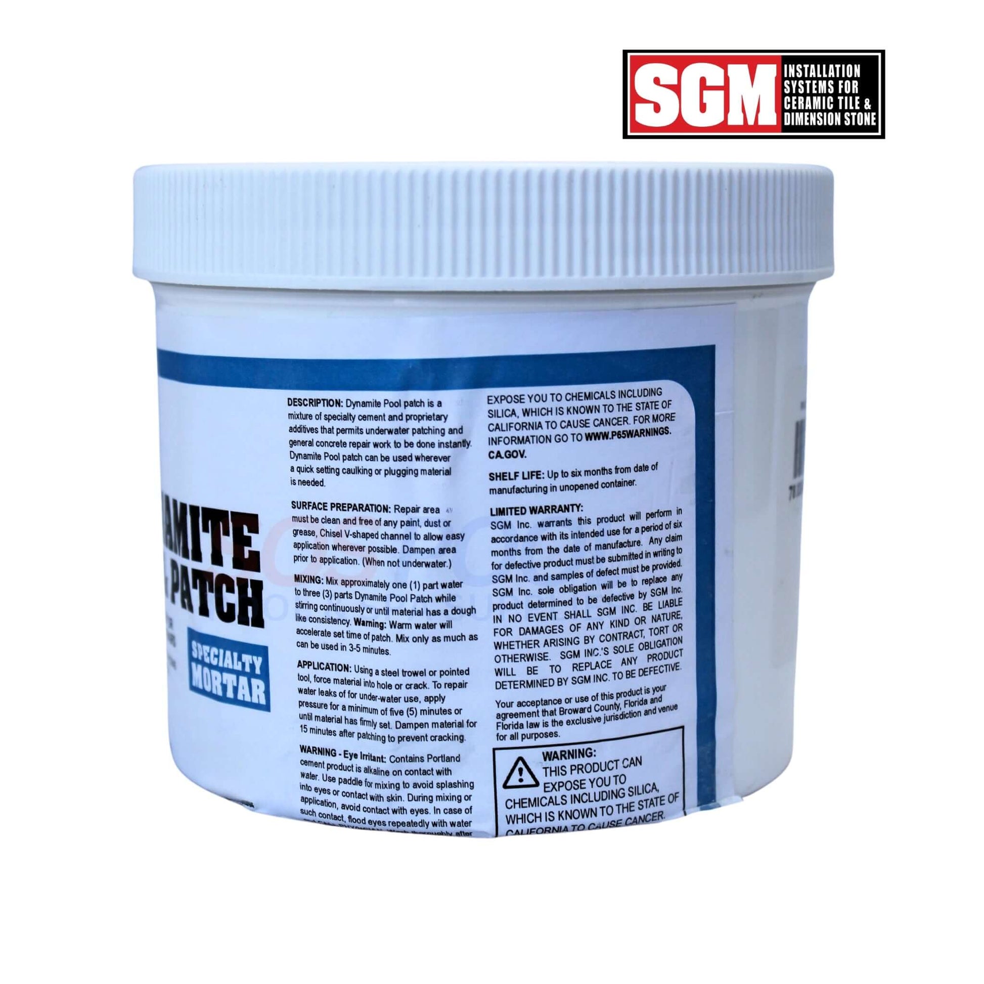 SGM Dynamite Underwater Pool Patch Repair | White | 3lbs | PLBPP3 SOS Pool in a container, showcasing labeling and usage instructions.