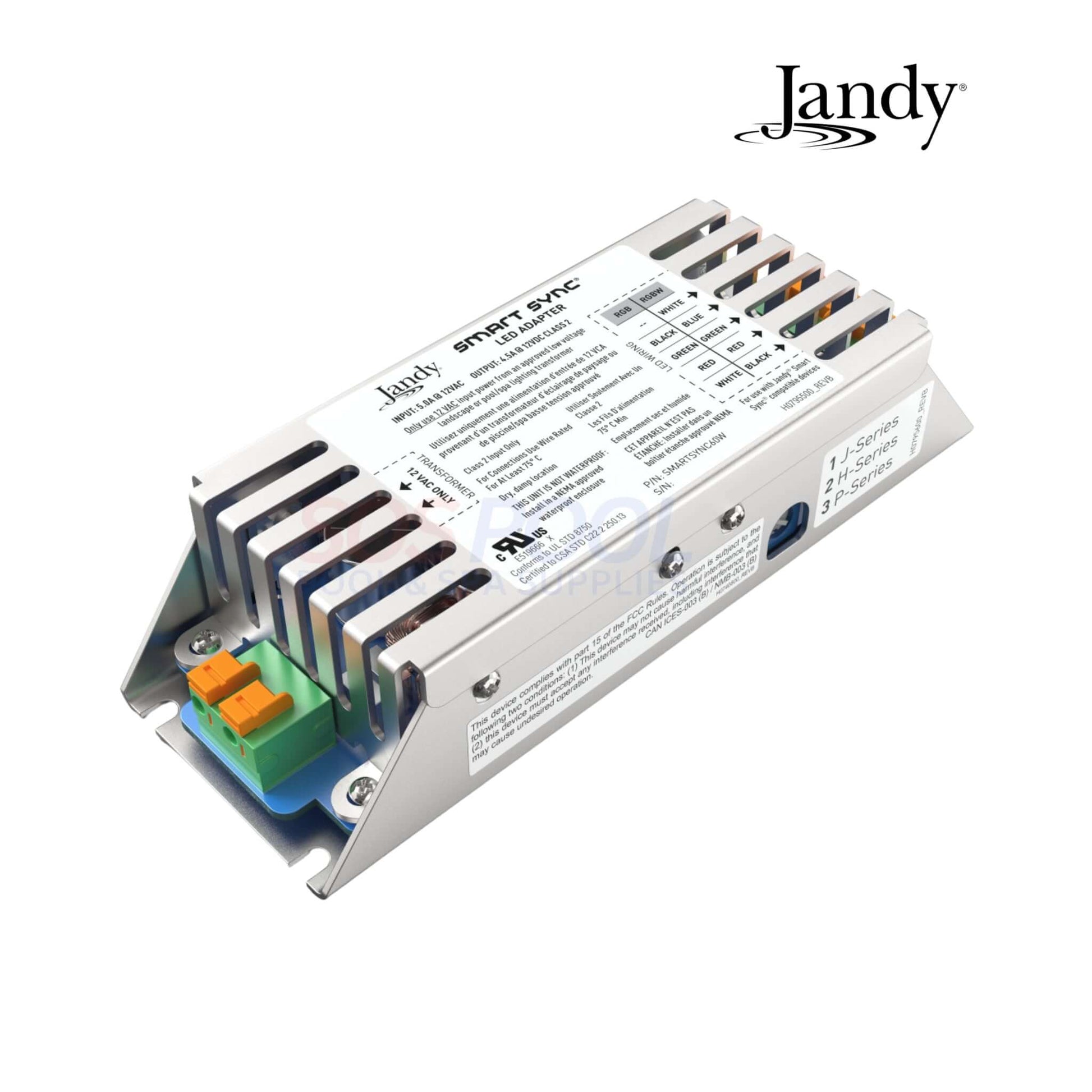 Jandy SMARTSYNC60W Smart Sync LED Adapter shown from the side, featuring control inputs for pool lighting and waterfalls.