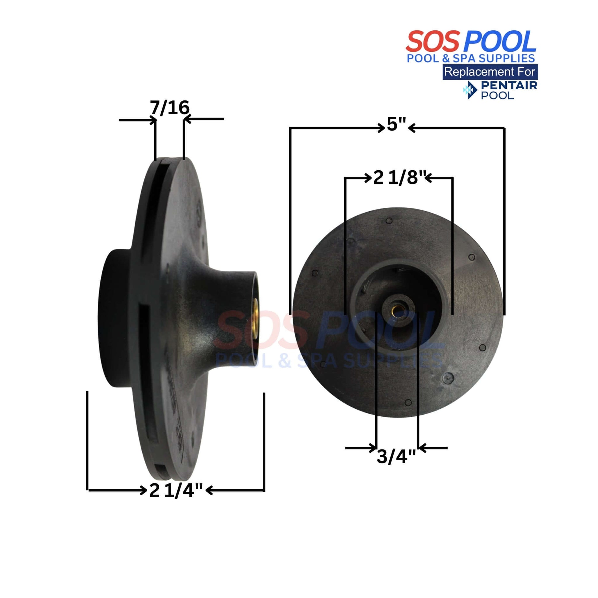 SOS Pool Impeller for Pentair WhisperFlo, dimensions shown (7/16" x 5" x 2/8" x 2/4" x 3/4") for optimal pump performance.