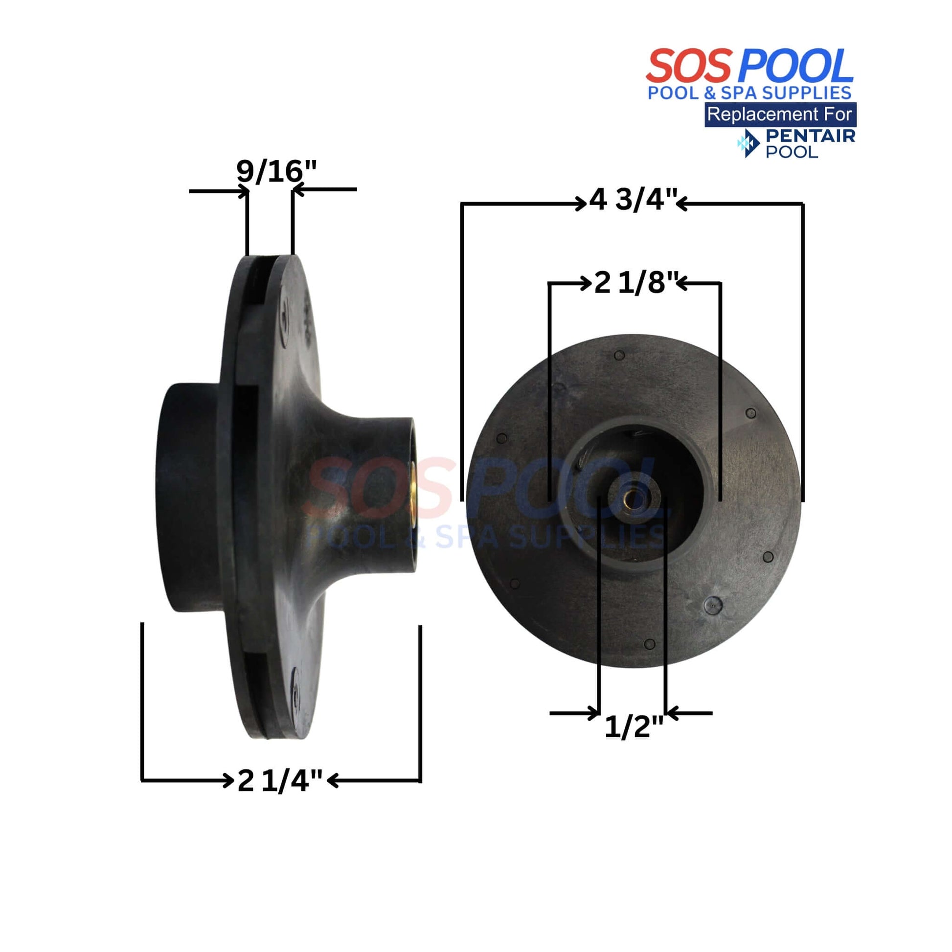 SOSPool Impeller for Pentair WhisperFlo Pumps dimensions with labels: 1.5HP, 073129, PCG073129, efficient water circulation.