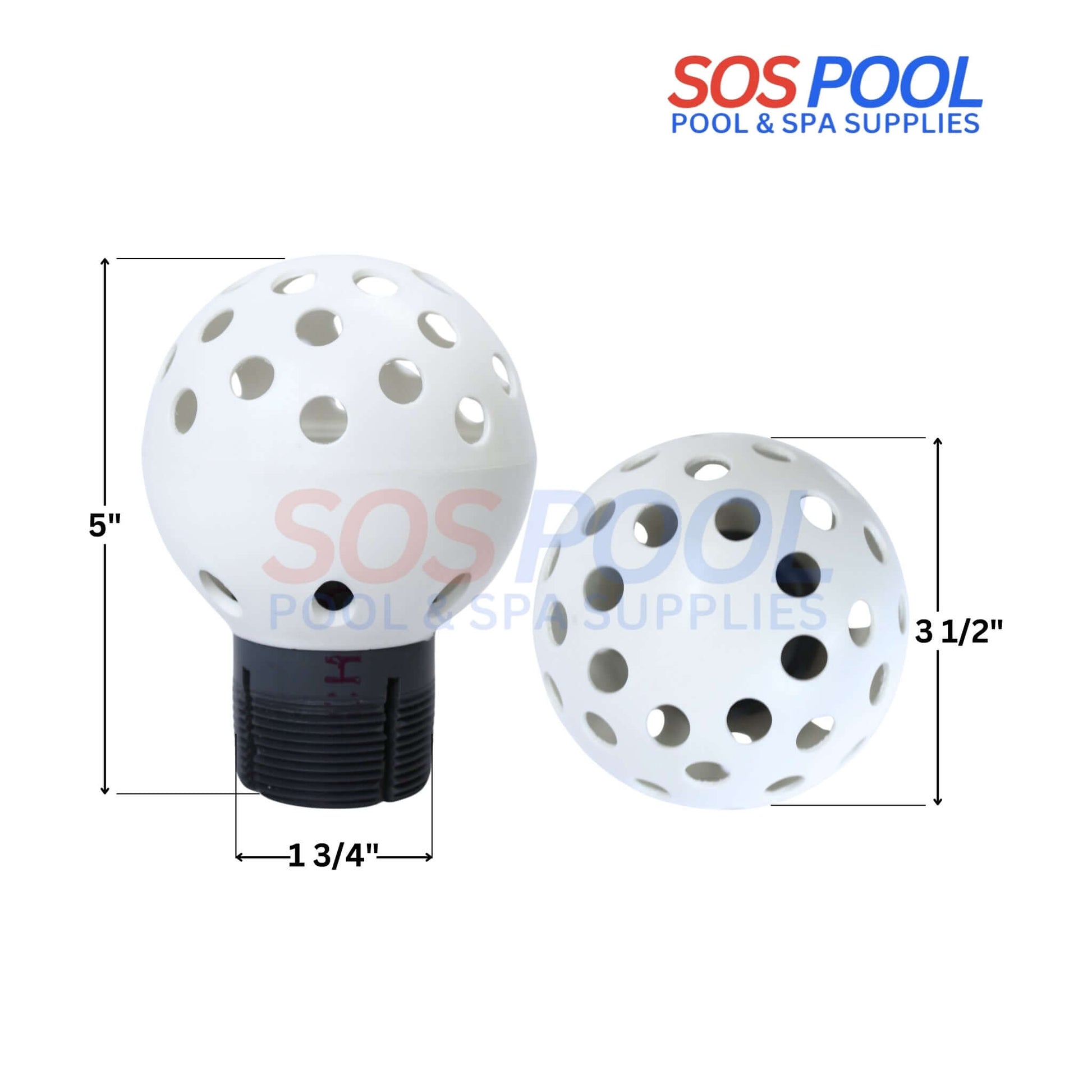 SOS Pool Non-Clog Pool Skimmer Ball Basket model 1005, shown in two sizes, designed for efficient debris trapping.