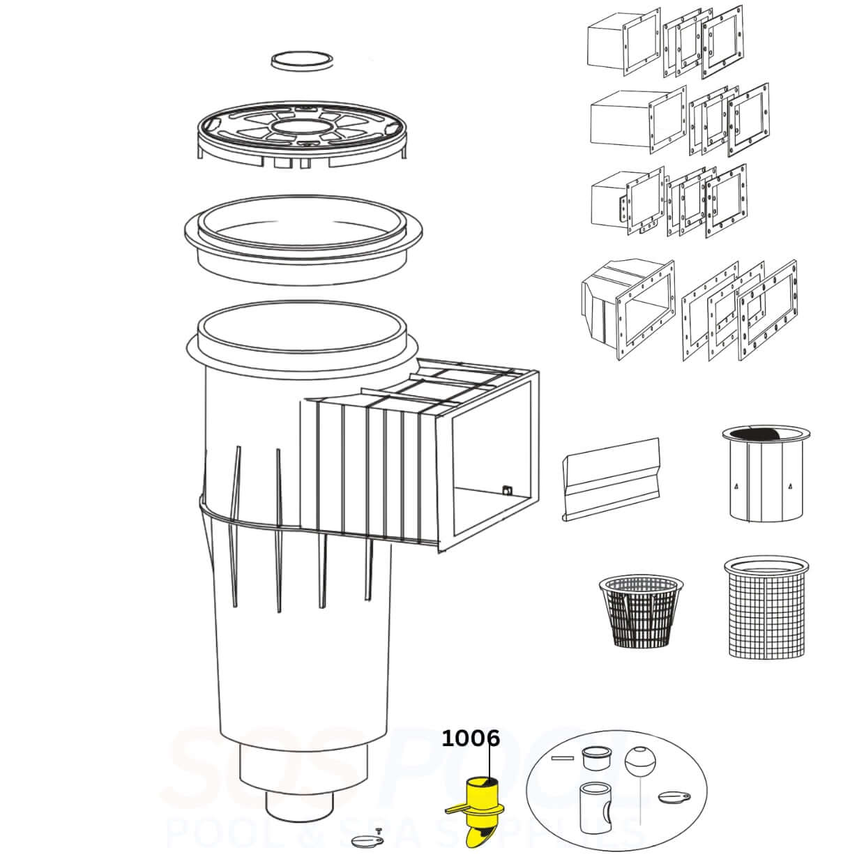 Illustration of SOSPool Vari-Flo Control Insert 1006 for Pentair Admiral Skimmers and components.
