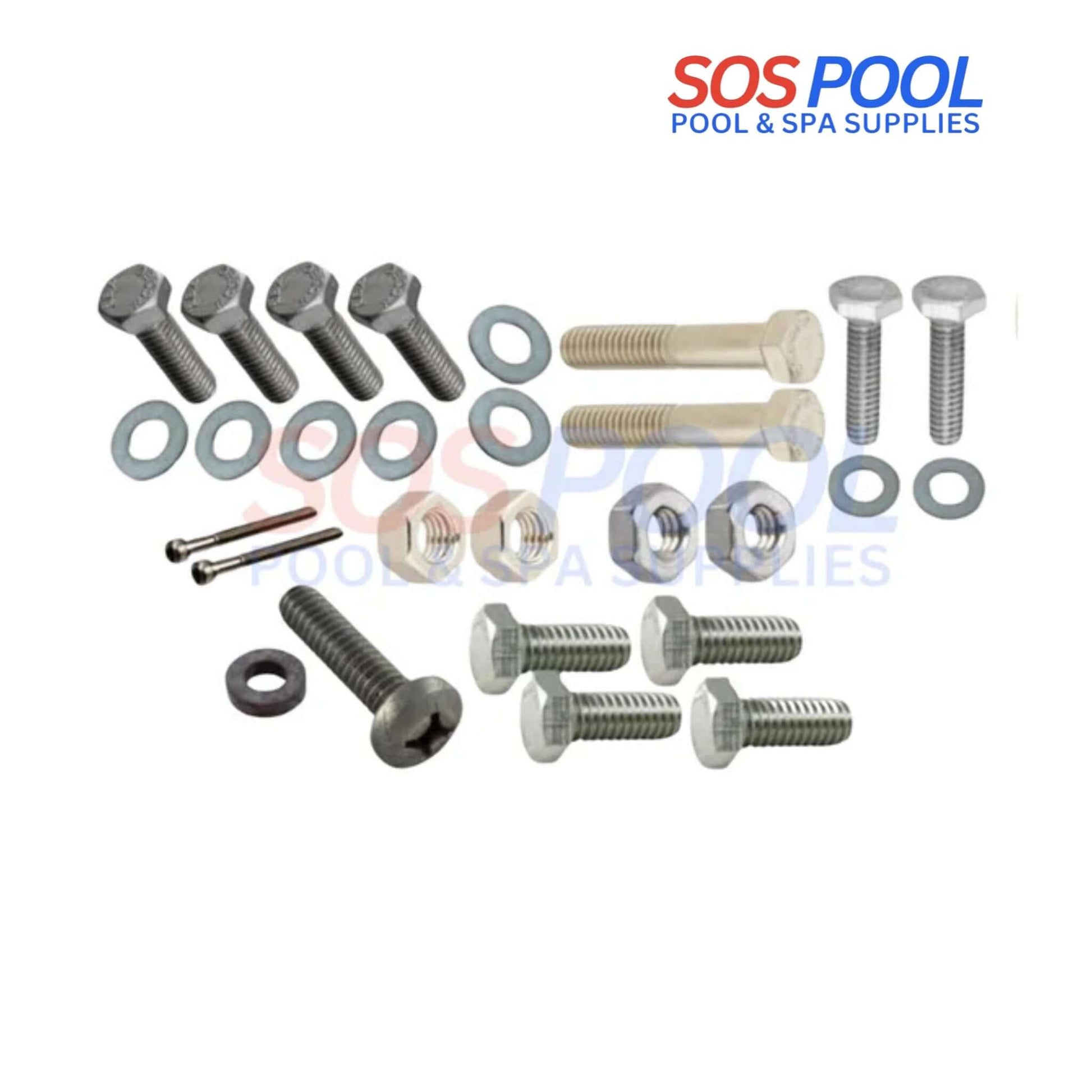SOS Pool hardware kit featuring various bolts, washers, and screws for pool and spa maintenance.