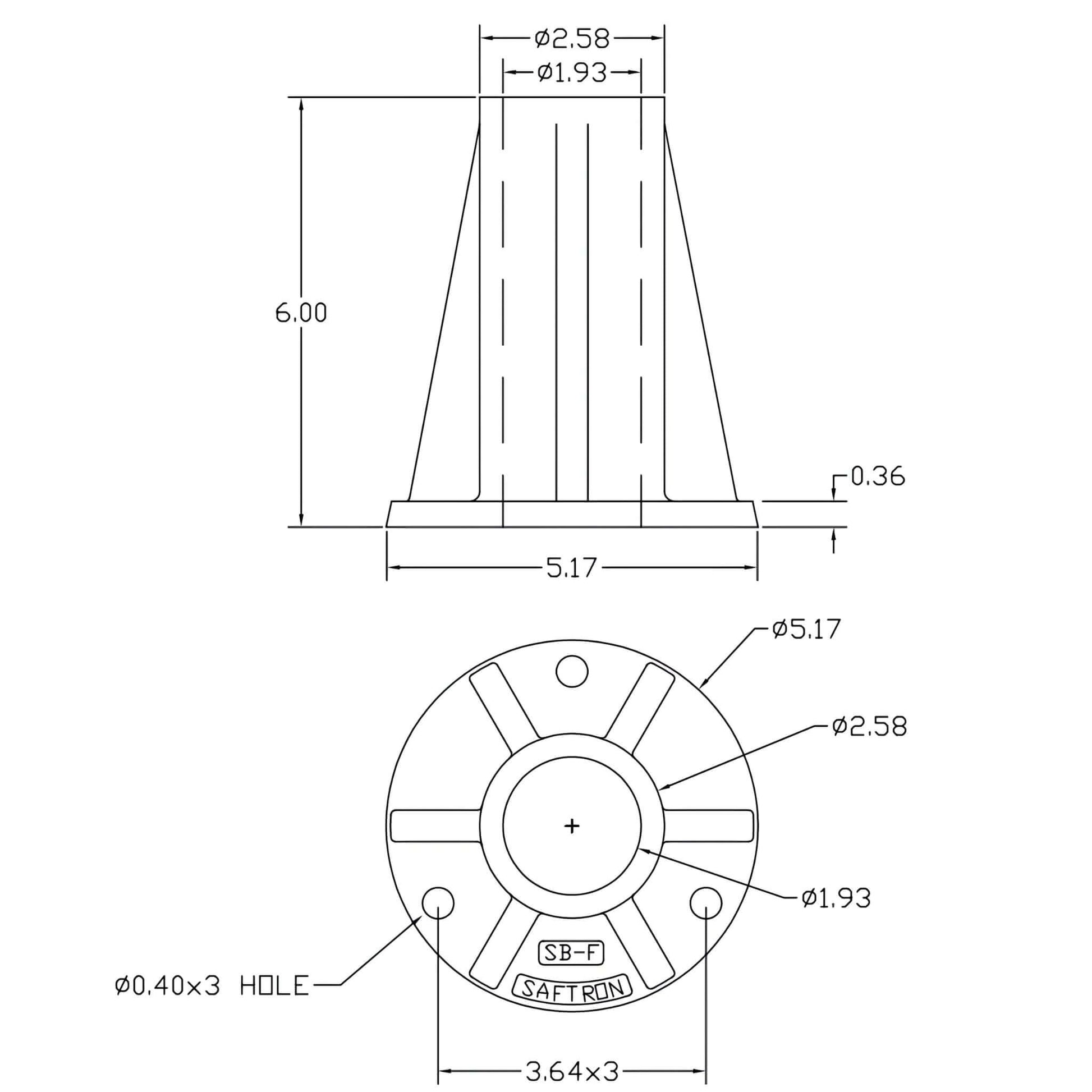 Saftron SB-F-T 6" Surface Mounting Base dimensions diagram, taupe, for pool rails and safety handrails.