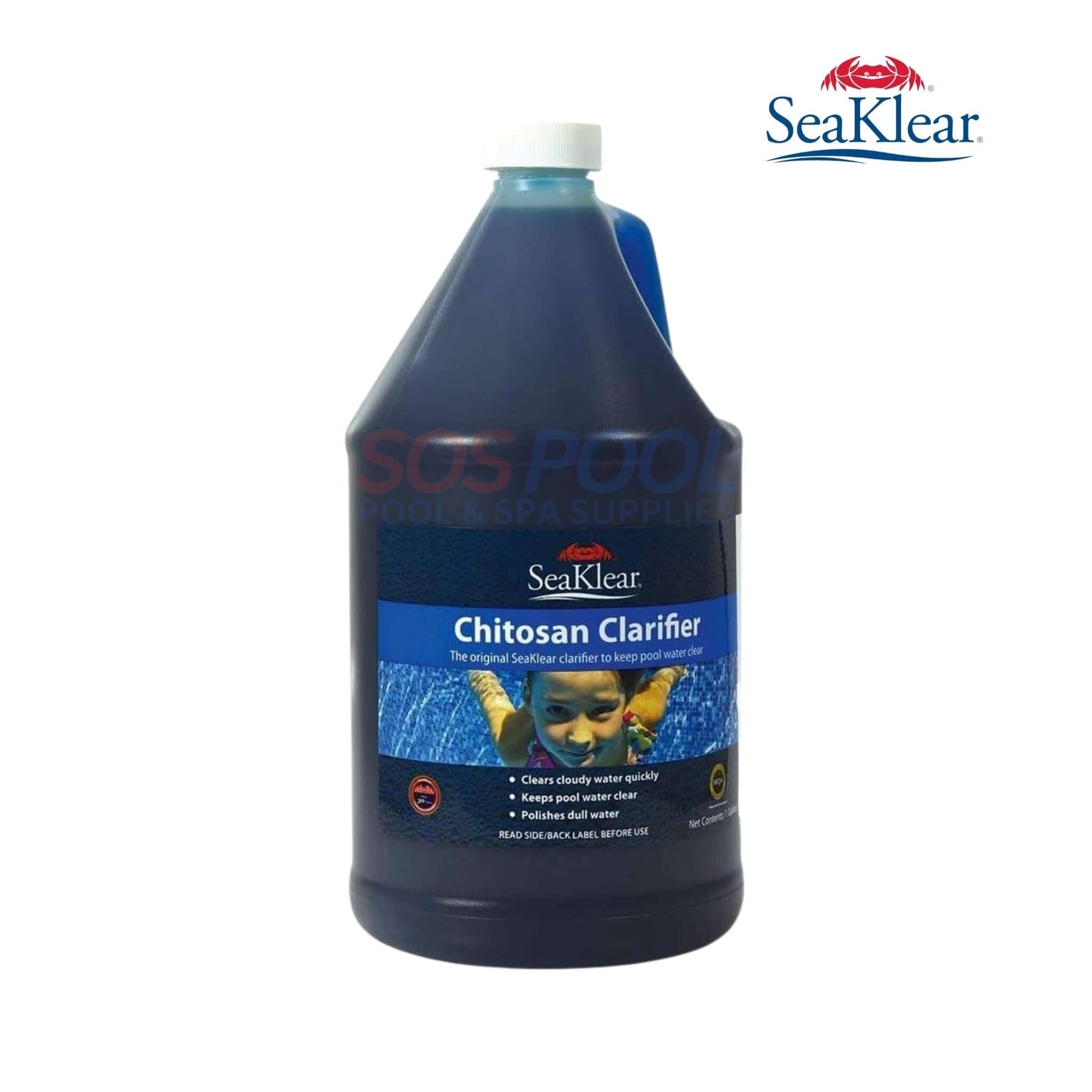 SeaKlear Natural Pool Water Clarifier | 1 Gallon | 90302SKR bottle in dark color, designed for clear pool water, eco-friendly solution with recycled chitosan.