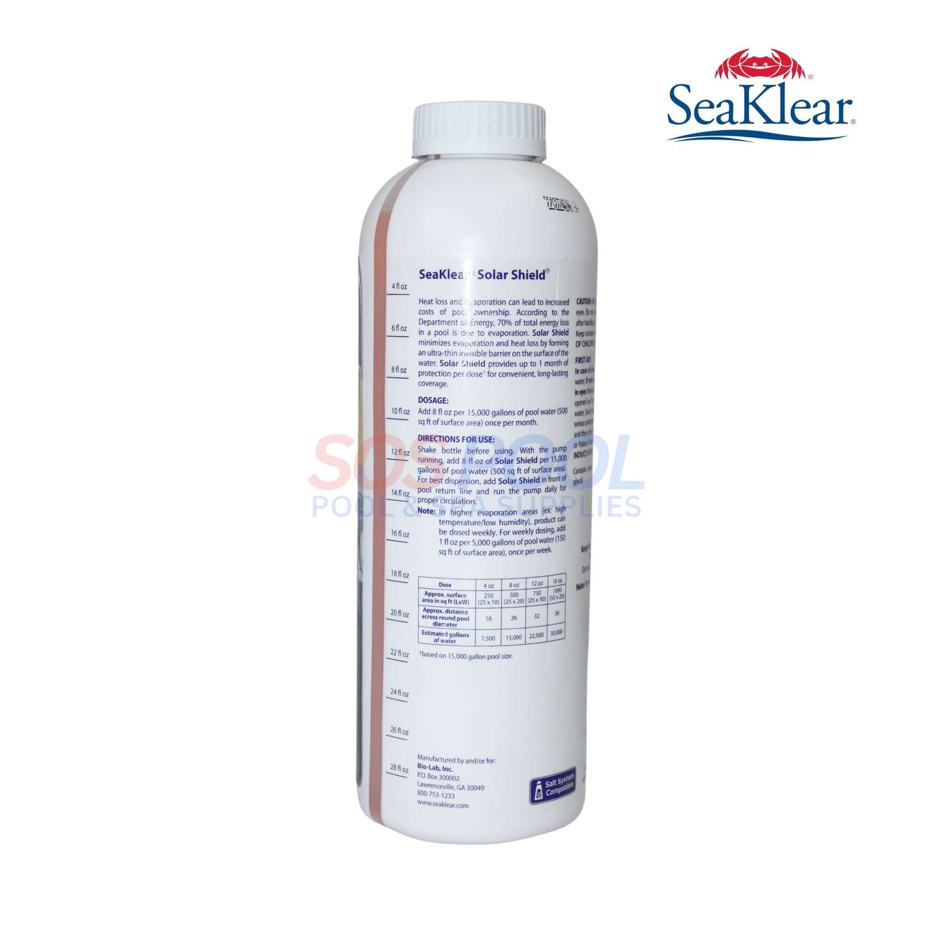 SeaKlear Solar Shield Liquid Solar Pool Cover, 32oz – SOS Pool energy-saving solution to reduce evaporation.