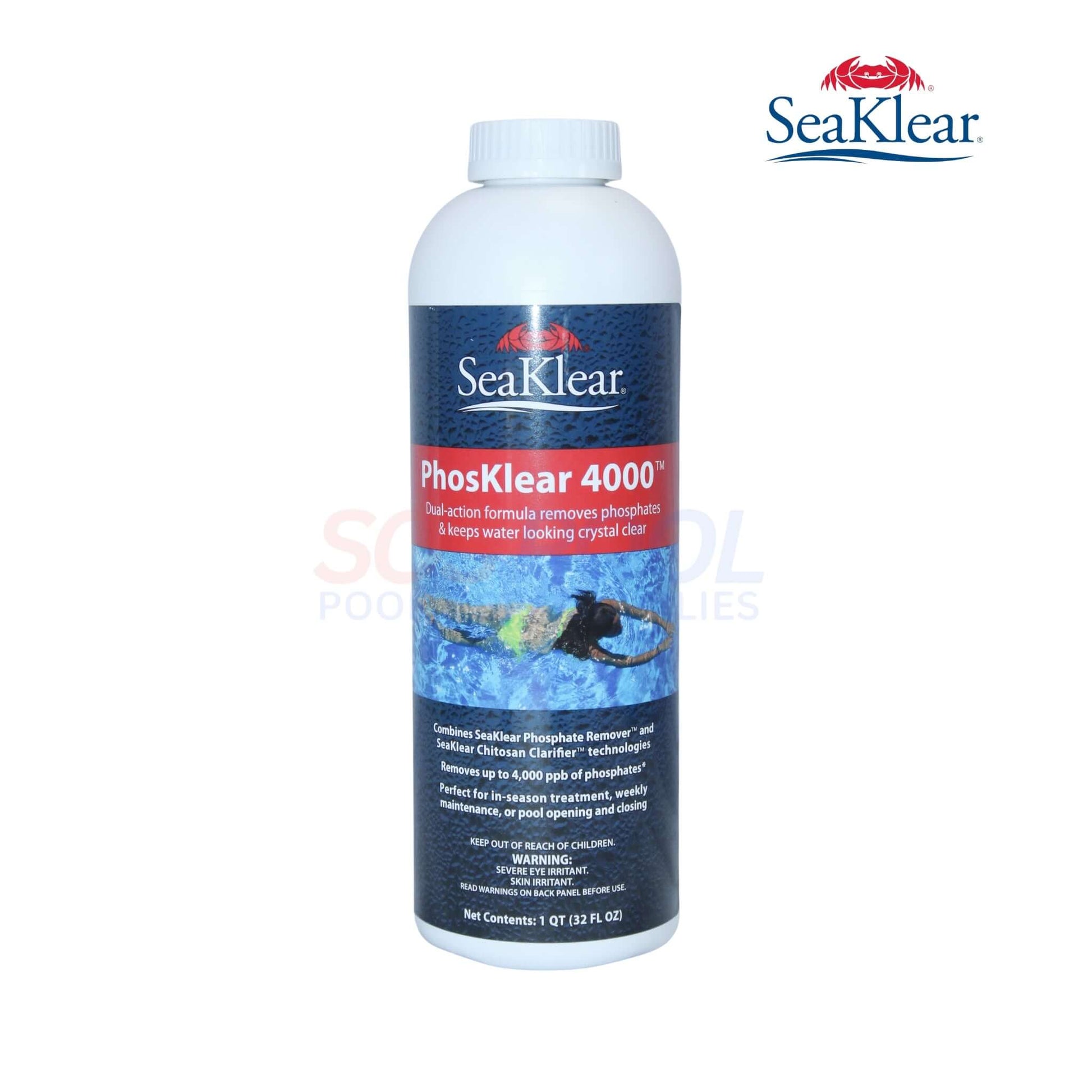 SeaKlear PhosKlear 4000 Phosphate Remover 32oz | 90265SKR bottle in white, designed for effective pool phosphate removal, ideal for SOS Pool supplies.