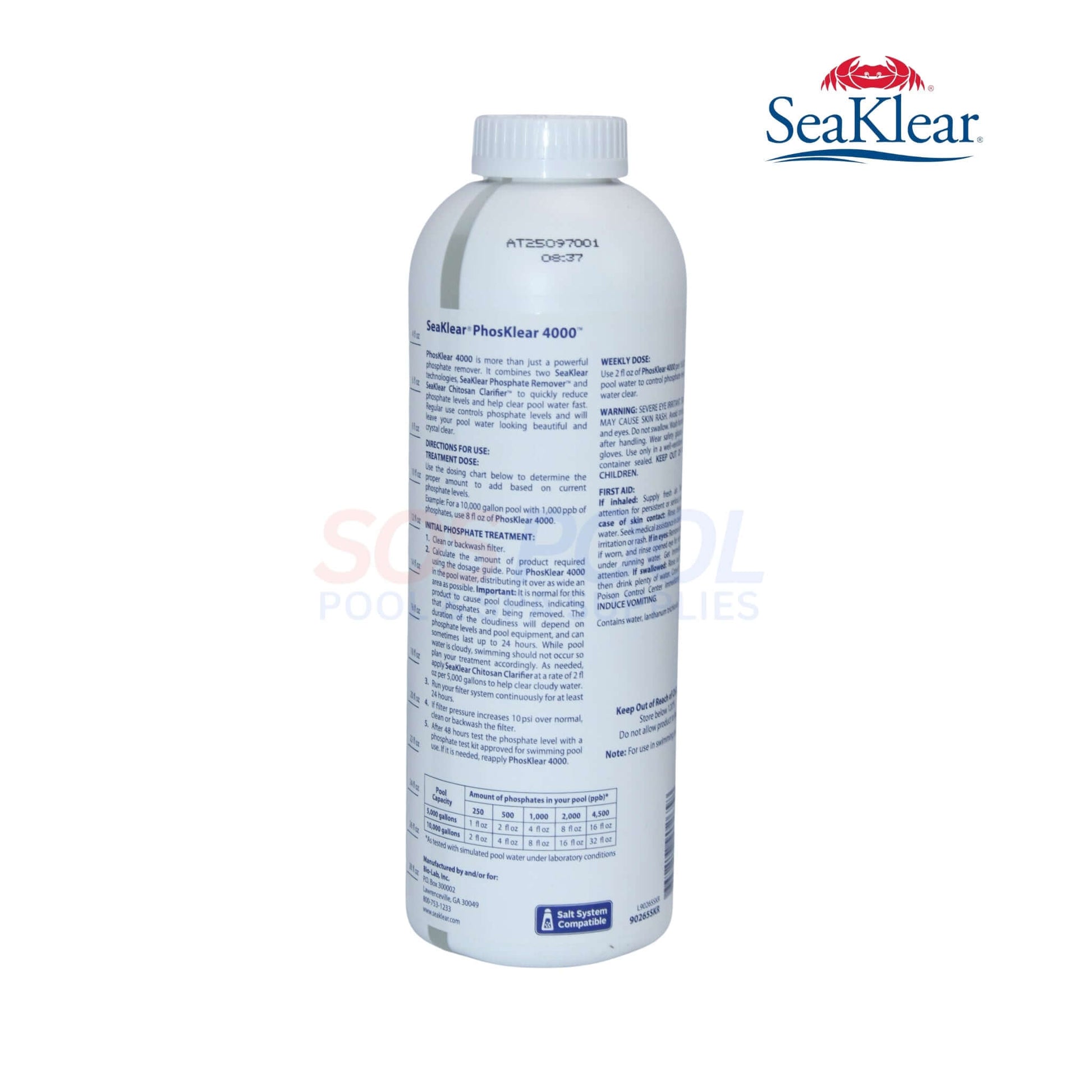SeaKlear PhosKlear 4000 Phosphate Remover 32oz | 90265SKR bottle viewed from the side, showcasing product details, SOS Pool branding.