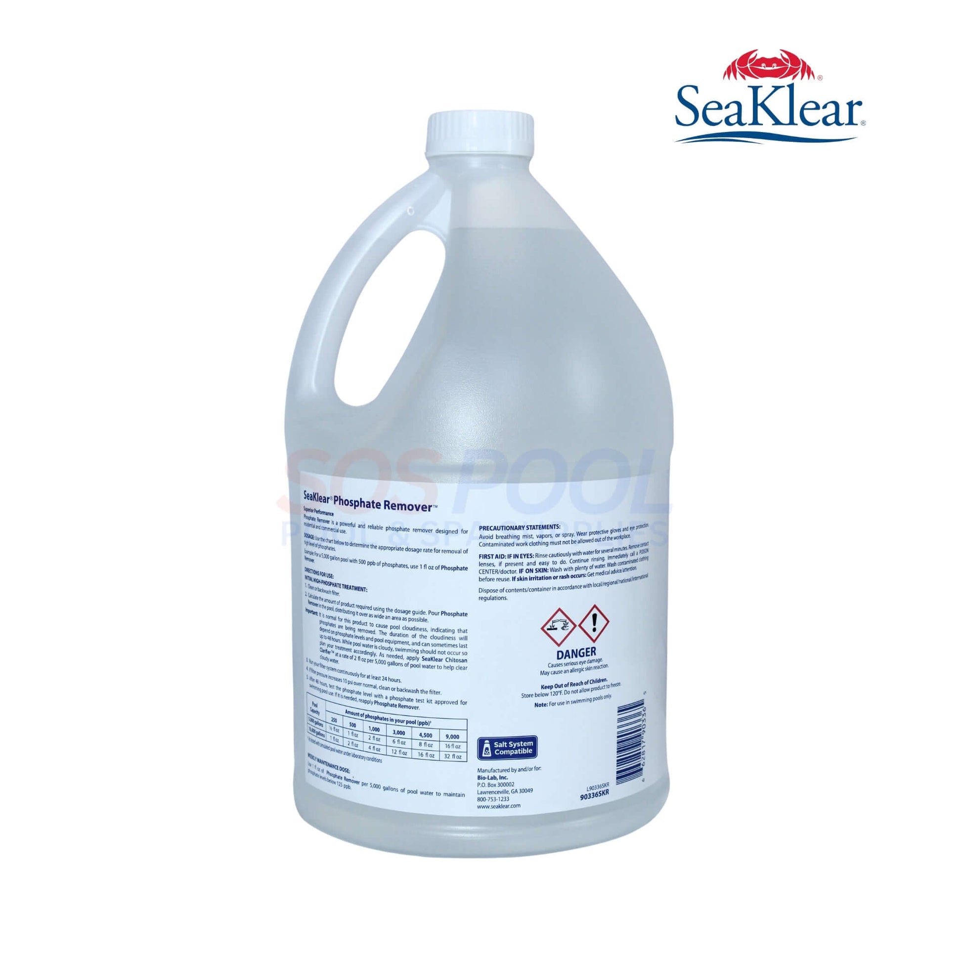 SeaKlear Pool Phosphate Remover 1 Gal | 90336SKR, clear jug showing back label, ideal for swimming pool treatment, SOS Pool.