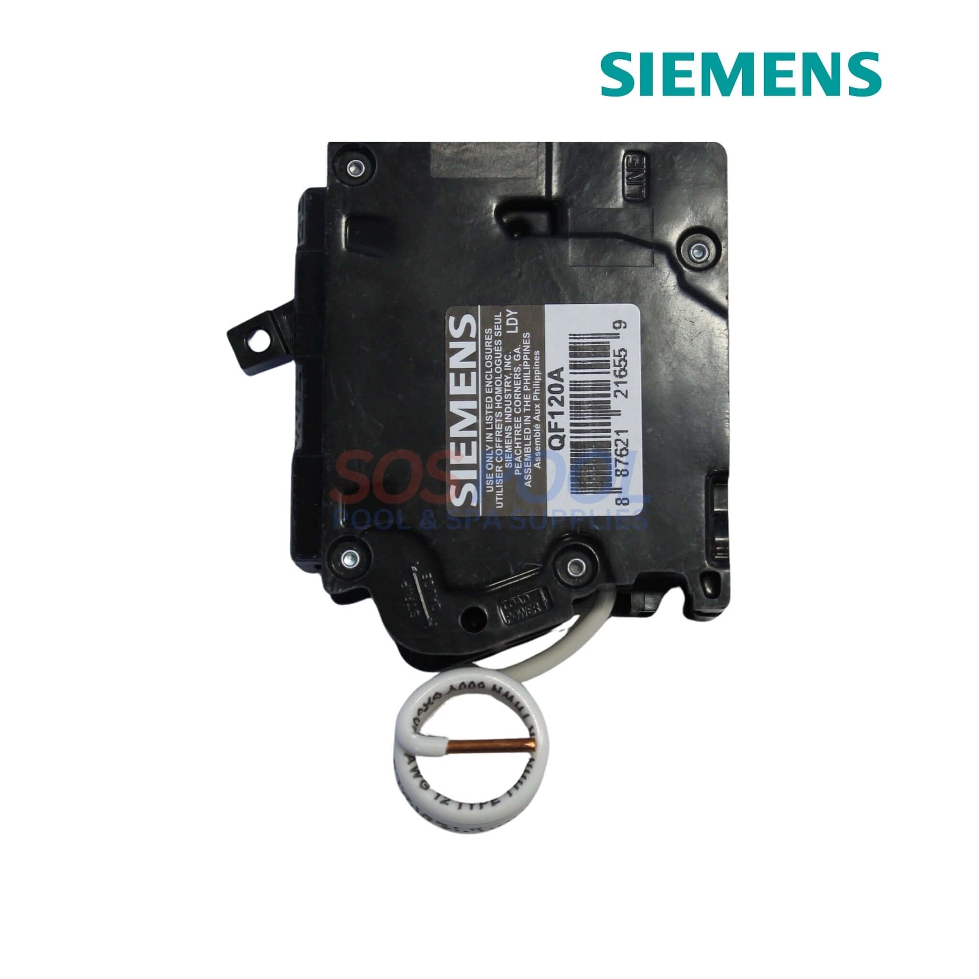 Siemens Single Pole 20 AMP GFCI Circuit Breaker | QF120A angled view with wiring, ideal for pool supplies and outdoor installations.