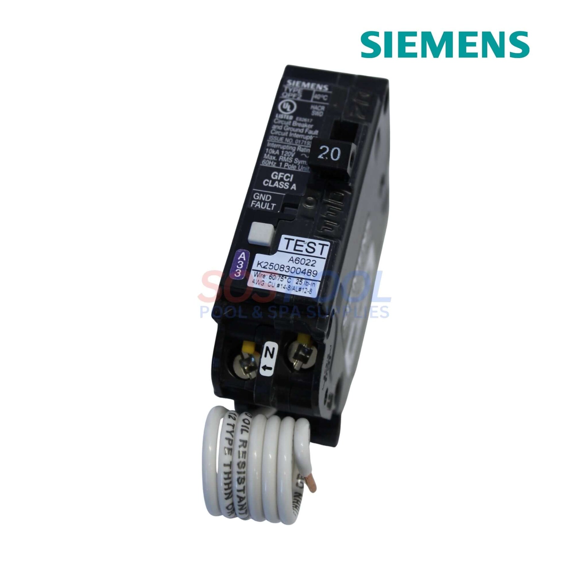 Siemens Single Pole 20 AMP GFCI Circuit Breaker | QF120A side view showing wiring for pool and spa use, part number K25308300429.