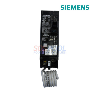 Siemens Single Pole 20 AMP GFCI Circuit Breaker | QF120A front view, showcasing test button, protective features for SOS Pool supplies.