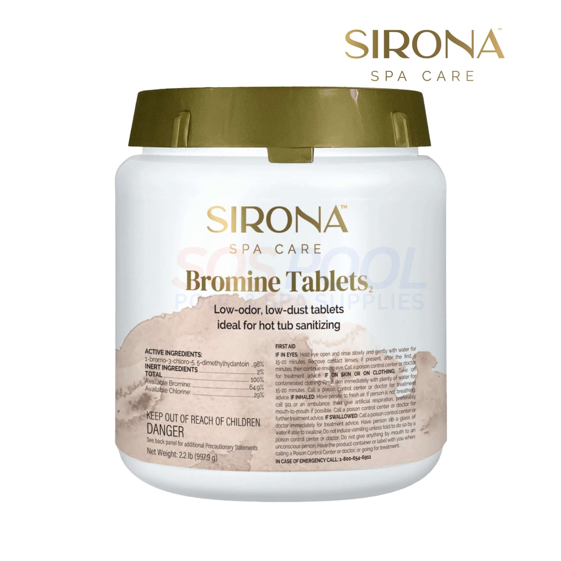 Sirona Spa Bromine Tabs 2.2 lbs #82235 in a white container for clean, low-odor hot tub sanitizing, ideal for SOS pool supplies.