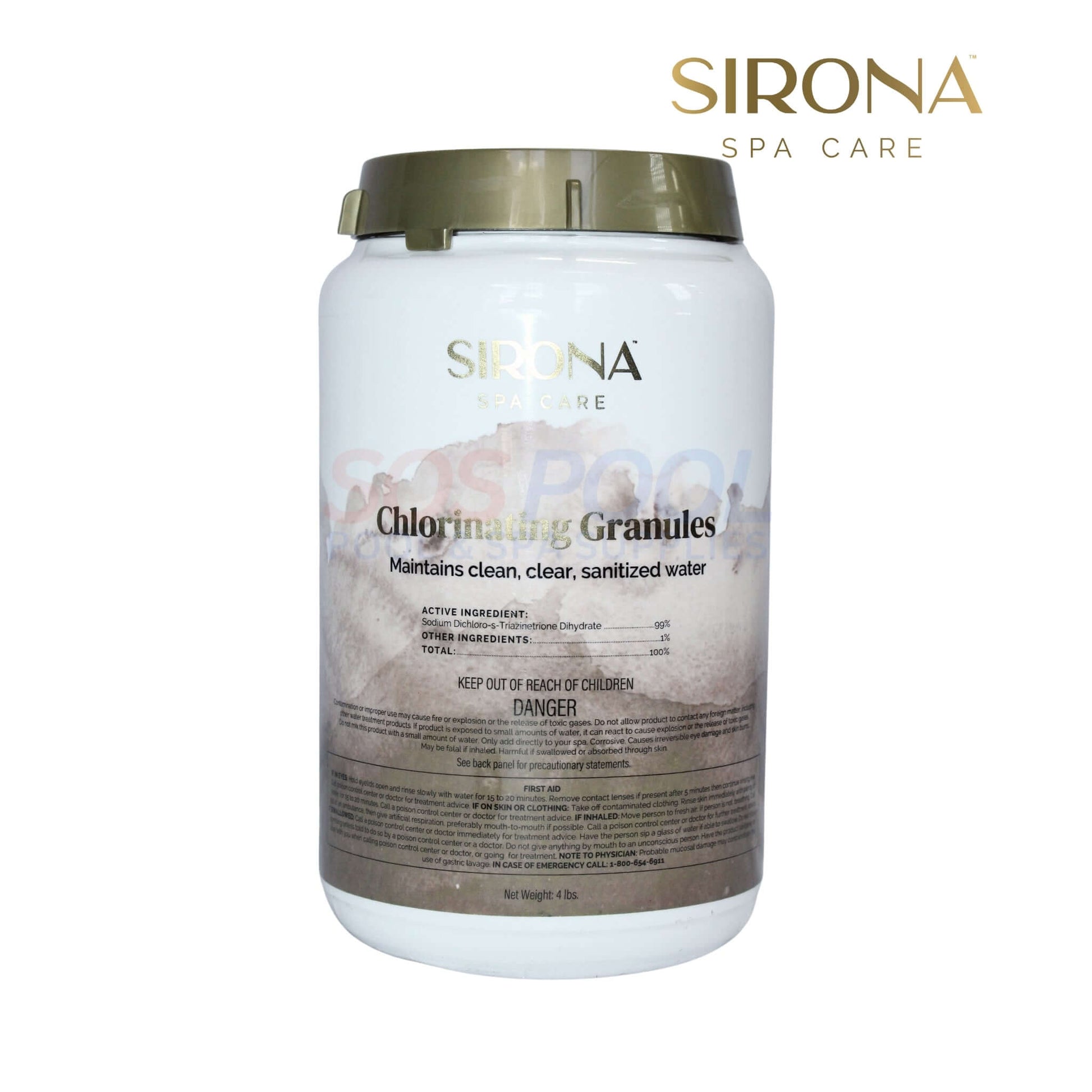 Sirona Spa Chlorinating Granules 4lb | 82132 tub, white container with green lid, for spa care and pool supplies.