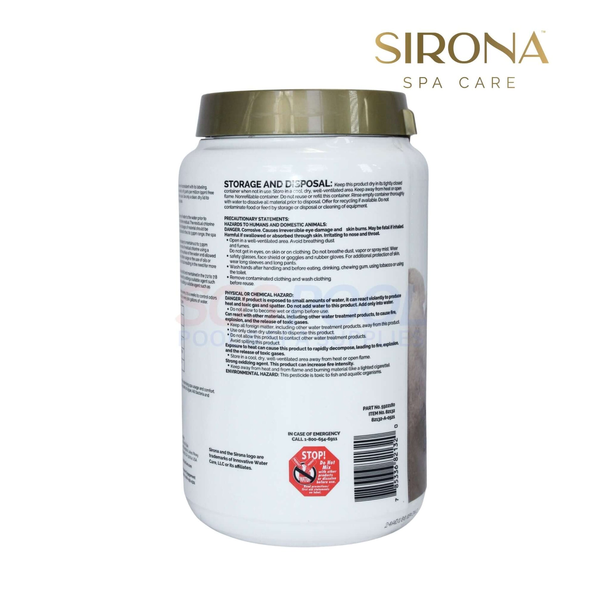 Sirona Spa Chlorinating Granules 4lb | 82132 container showing usage instructions, suitable for spa care and pool supplies.