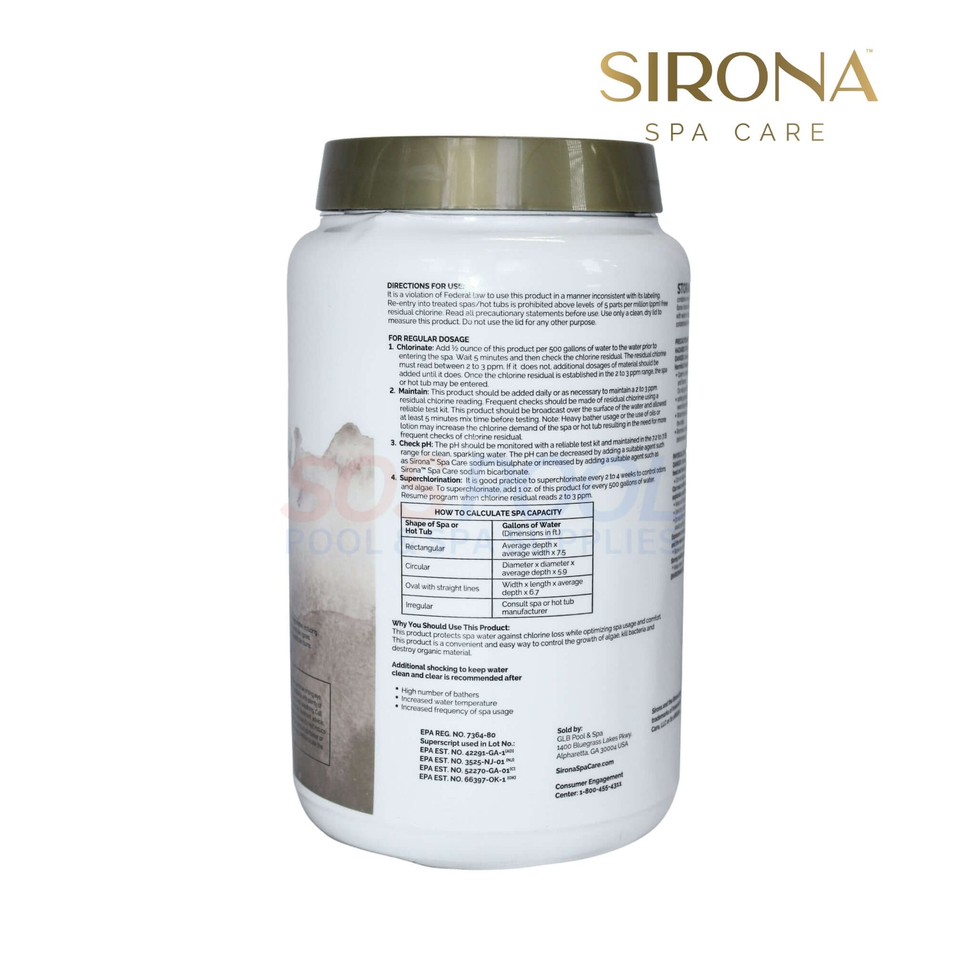 Sirona Spa Chlorinating Granules 4lb | 82132, container with instructions, perfect for spa chlorine treatment from SOS Pool supplies.