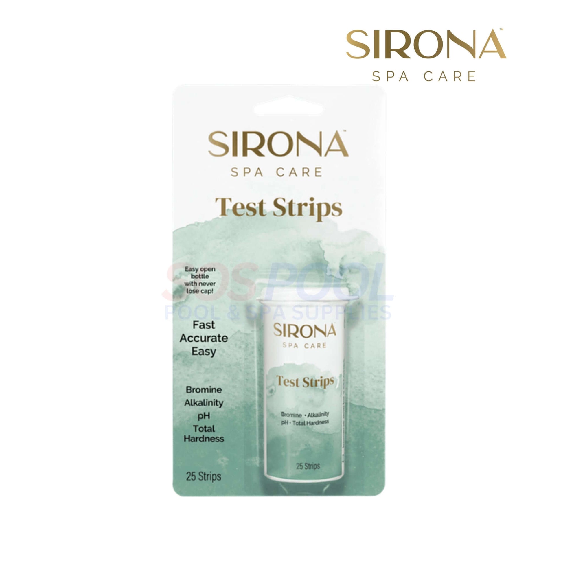 Sirona Spa Water Test Strips 25 Strips | 82111 pack showing easy-open design, green accents, testing for spa water parameters.