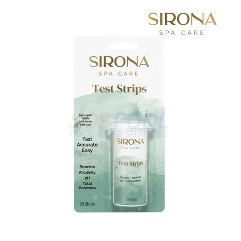 Sirona Spa Water Test Strips 25 Strips | 82111 pack showing easy-open design, green accents, testing for spa water parameters.