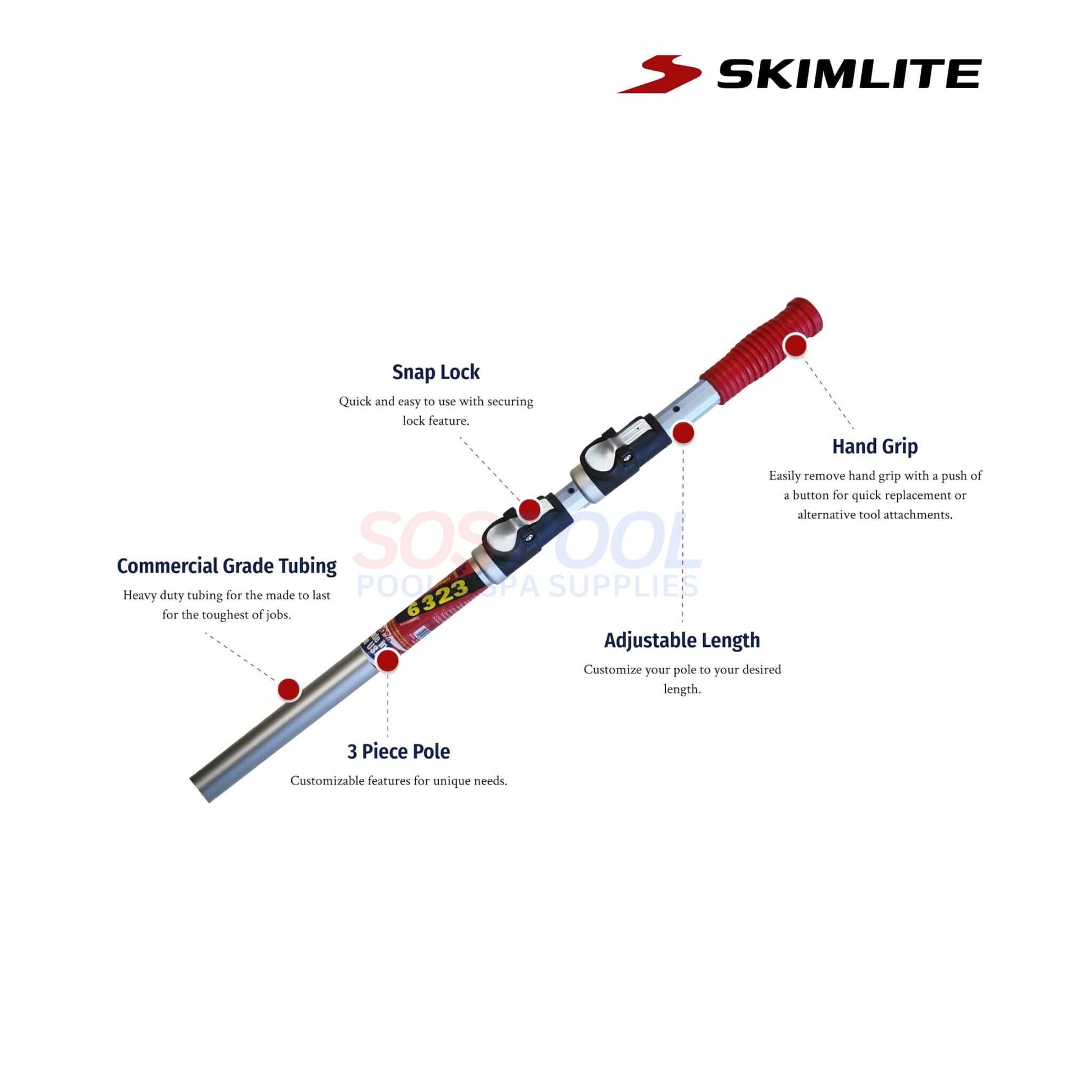 Skimlite SnapLite Telescopic Pole 6'-12' with Button Lock | 6012, showcasing features like Snap Lock, adjustable length, and hand grip for pool service.