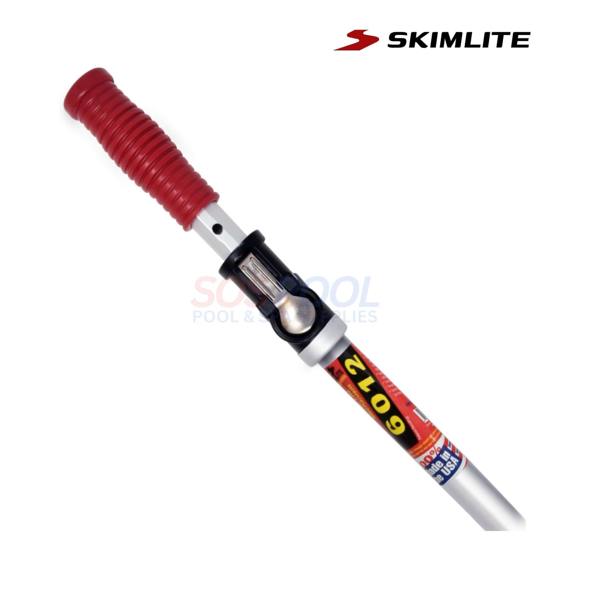 Skimlite SnapLite Telescopic Pole 6'-12' with Button Lock | 6012 close-up showing red grip and SnapLite button for pool service, SOS Pool supplies.