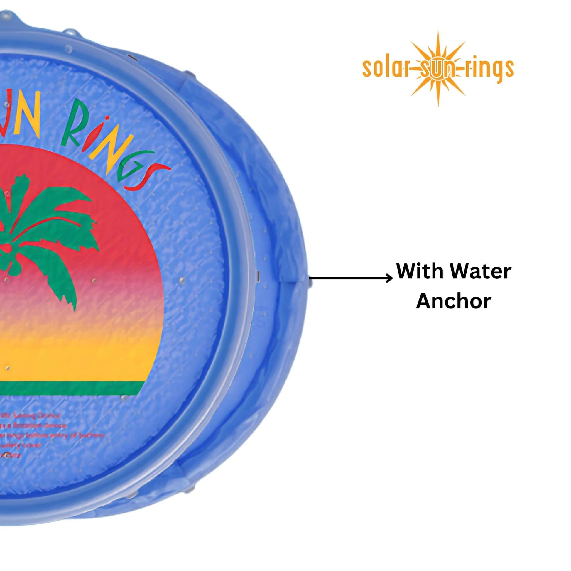 Solar Sun Rings Pool Cover with palm design, showcasing water anchor functionality, 5' diameter, SOS Pool heating.