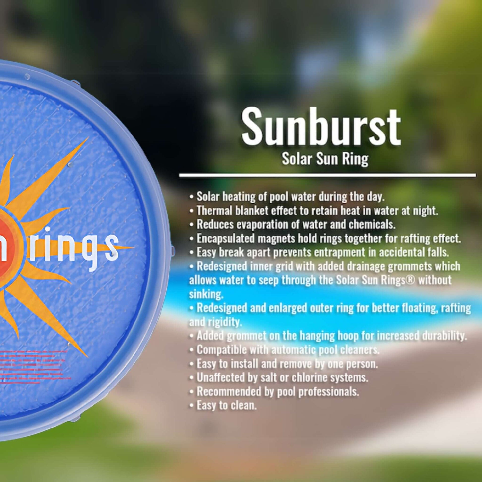 Solar Sun Rings Pool Cover with Sunburst Design for SOS Pool | 5' diameter, UV-resistant, energy-efficient heating.