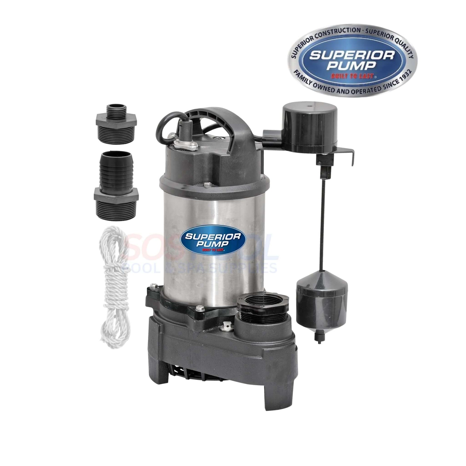 Superior Pump 92789 3/4 HP Submersible Sump Pump with accessories, ideal for pool water control, 4800 GPH capacity.