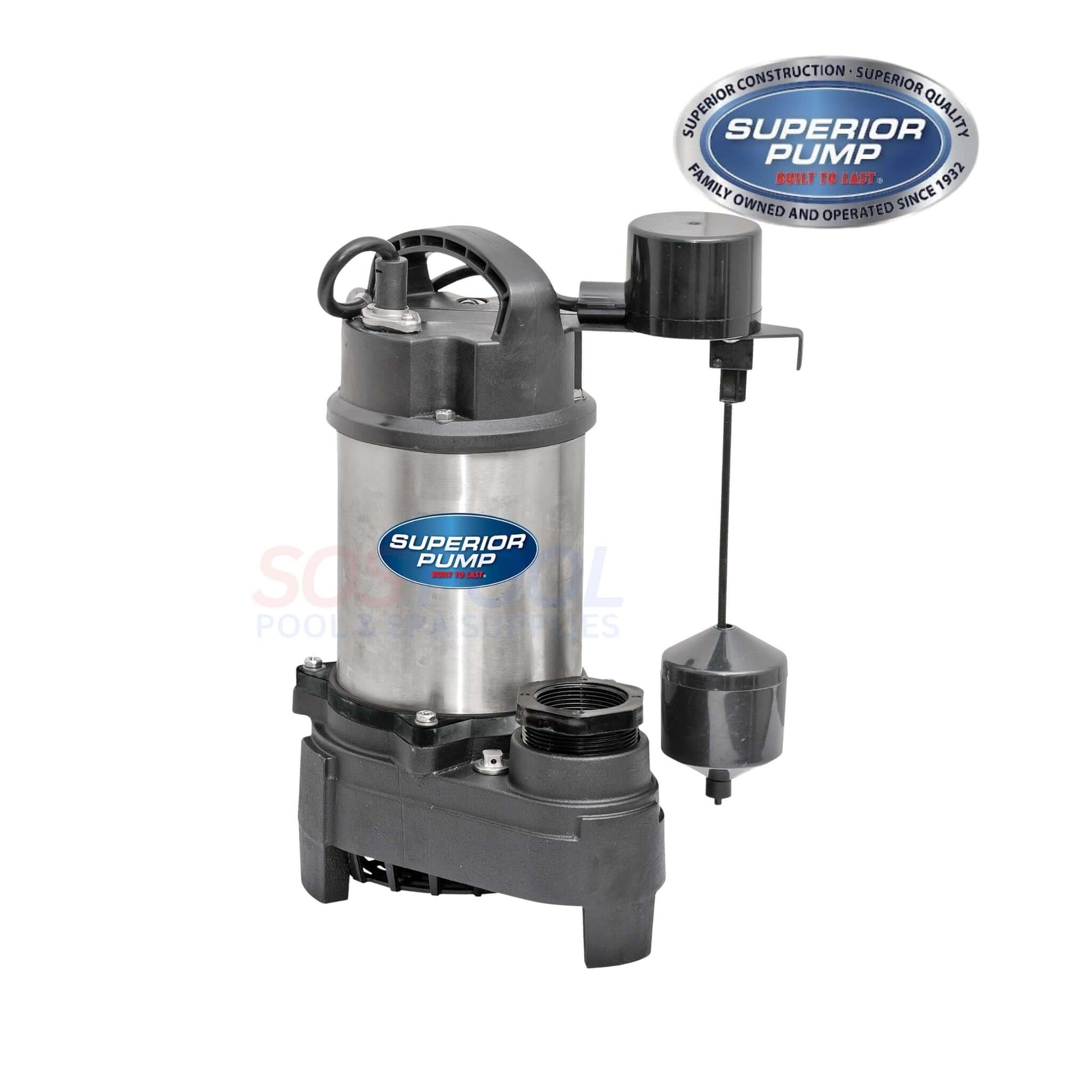 Superior Pump 3/4 HP Submersible Sump Pump 92789 in silver and black, used for efficient water control in pools.