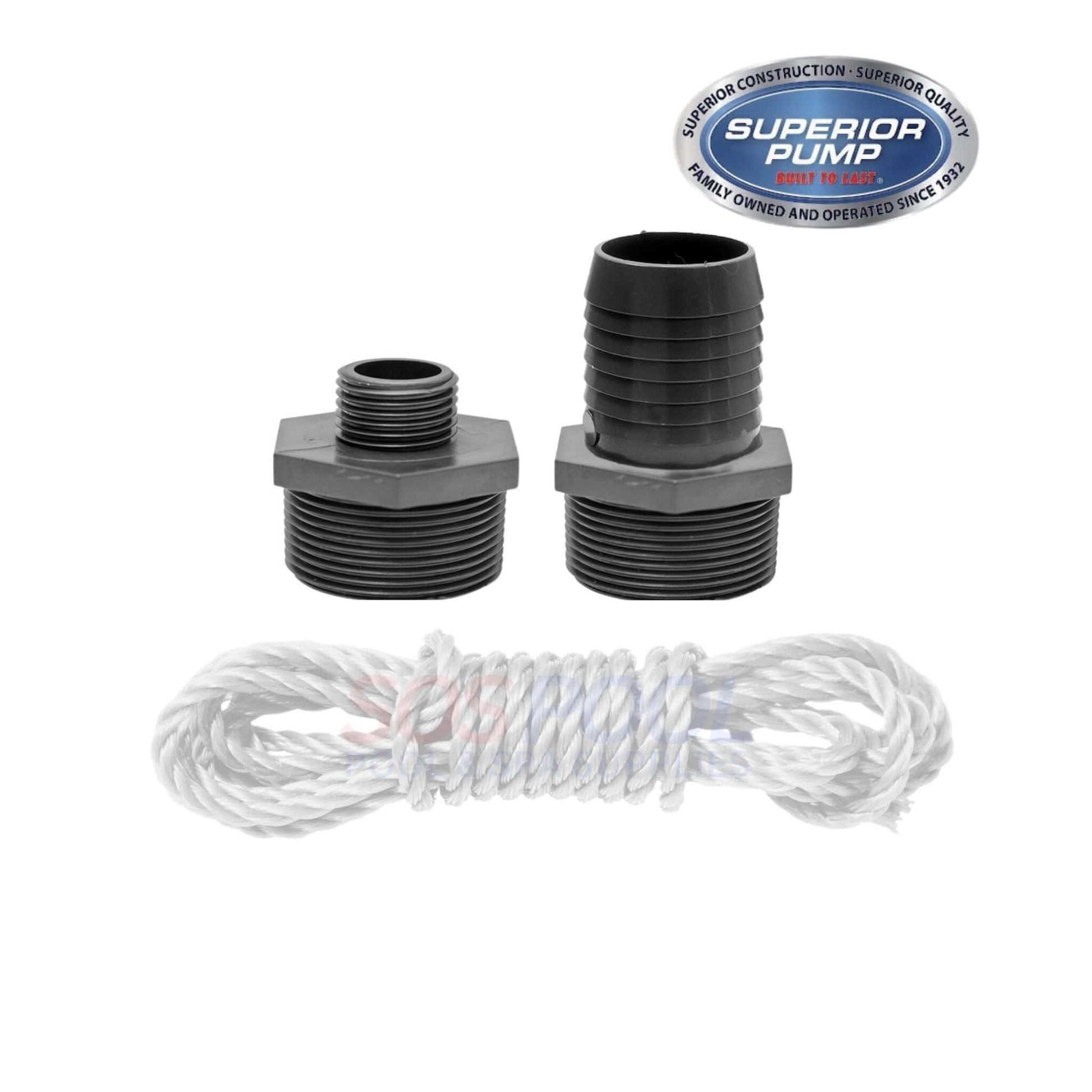 Superior Pump fittings and rope set for Sump Pump 92789, durable black plastic, essential for water control in swimming pools.