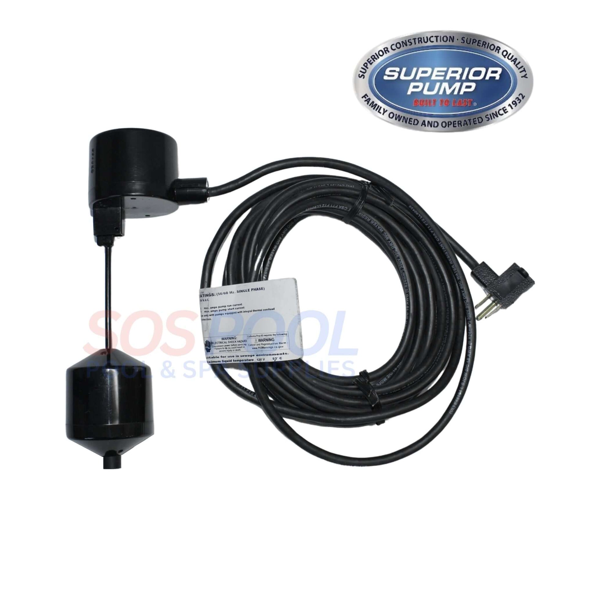Superior Pump vertical float switch 1021965, 25' 120V plug, ideal for water level control, SOS Pool.