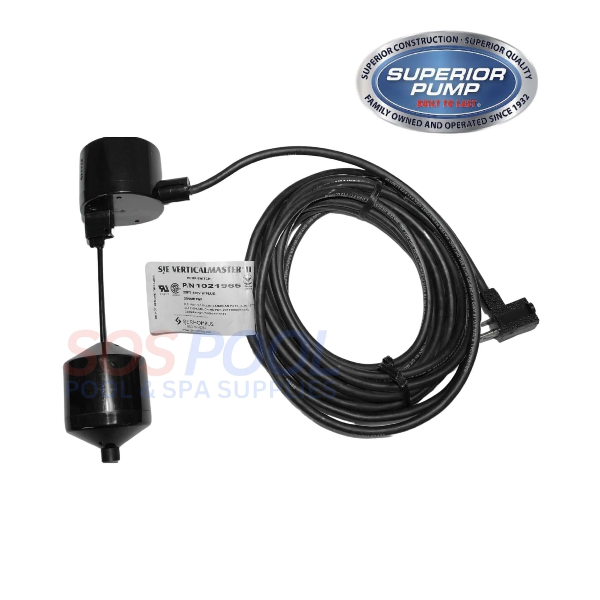 Superior Pump Vertical Float Switch 1021965 with 25' 120V cord for water level control | SOS Pool