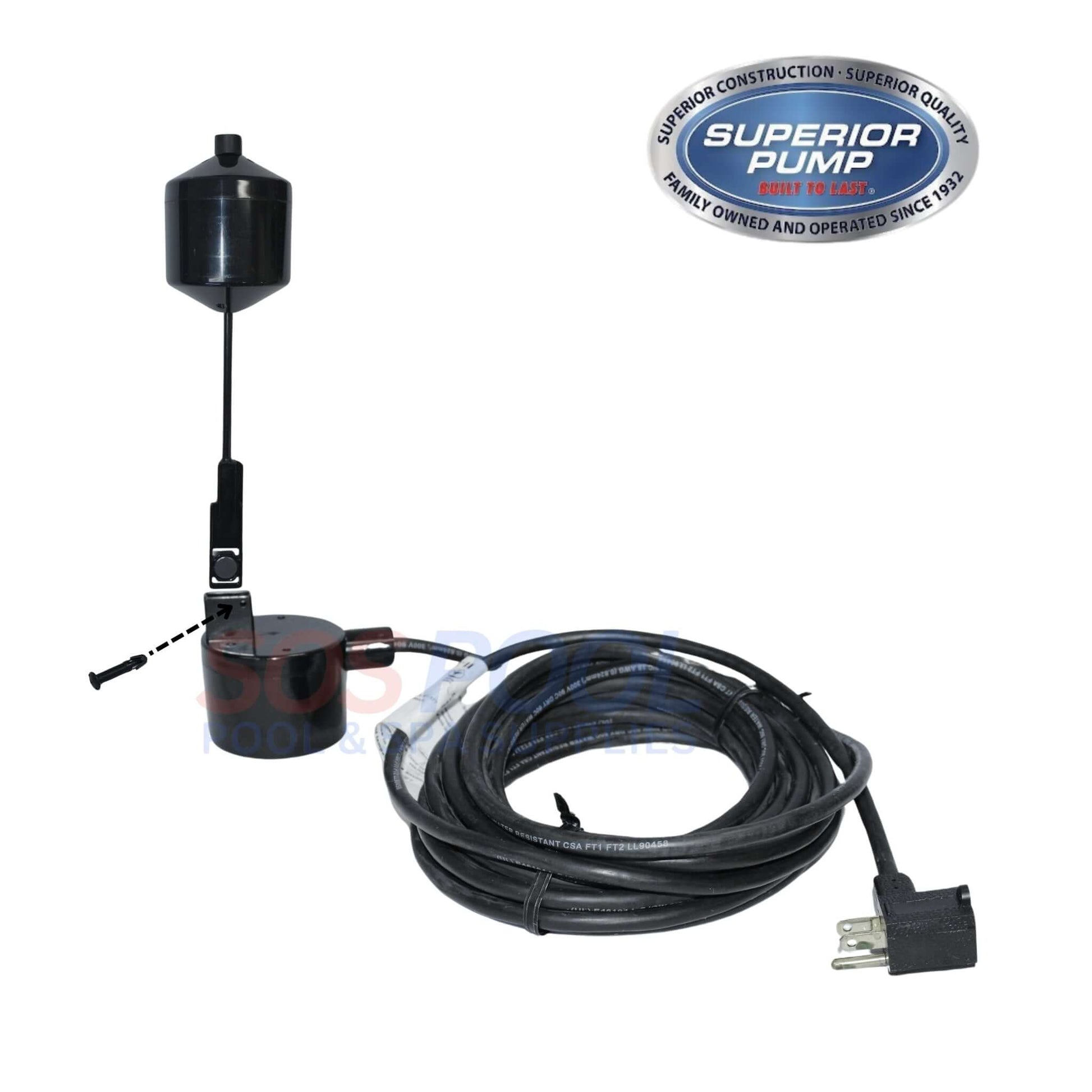 Superior Pump Vertical Float Switch 1021965 with 25' cord and 120V plug for effective water control in basements and septic tanks.