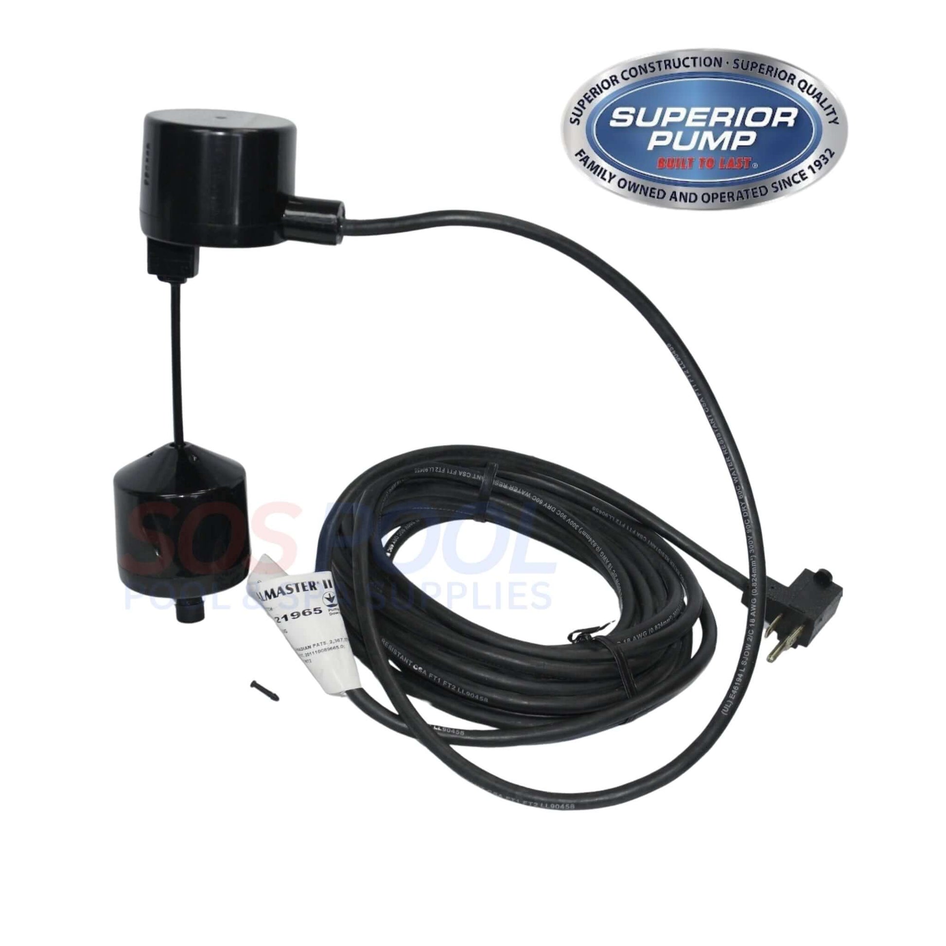Superior Pump Vertical Float Switch 1021965 with 25' cable, 120V plug, ideal for SOS Pool water level management.