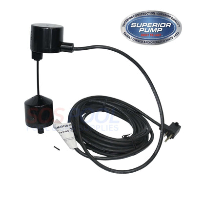 Superior Pump Vertical Float Switch 1021965 with 25' cable, 120V plug, ideal for SOS Pool water level management.