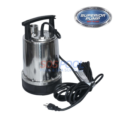 Superior Pump Stainless Steel Utility 1/2HP Pump | 25' Power Cord | 91592, shown with black base and power cord, ideal for pool drainage.