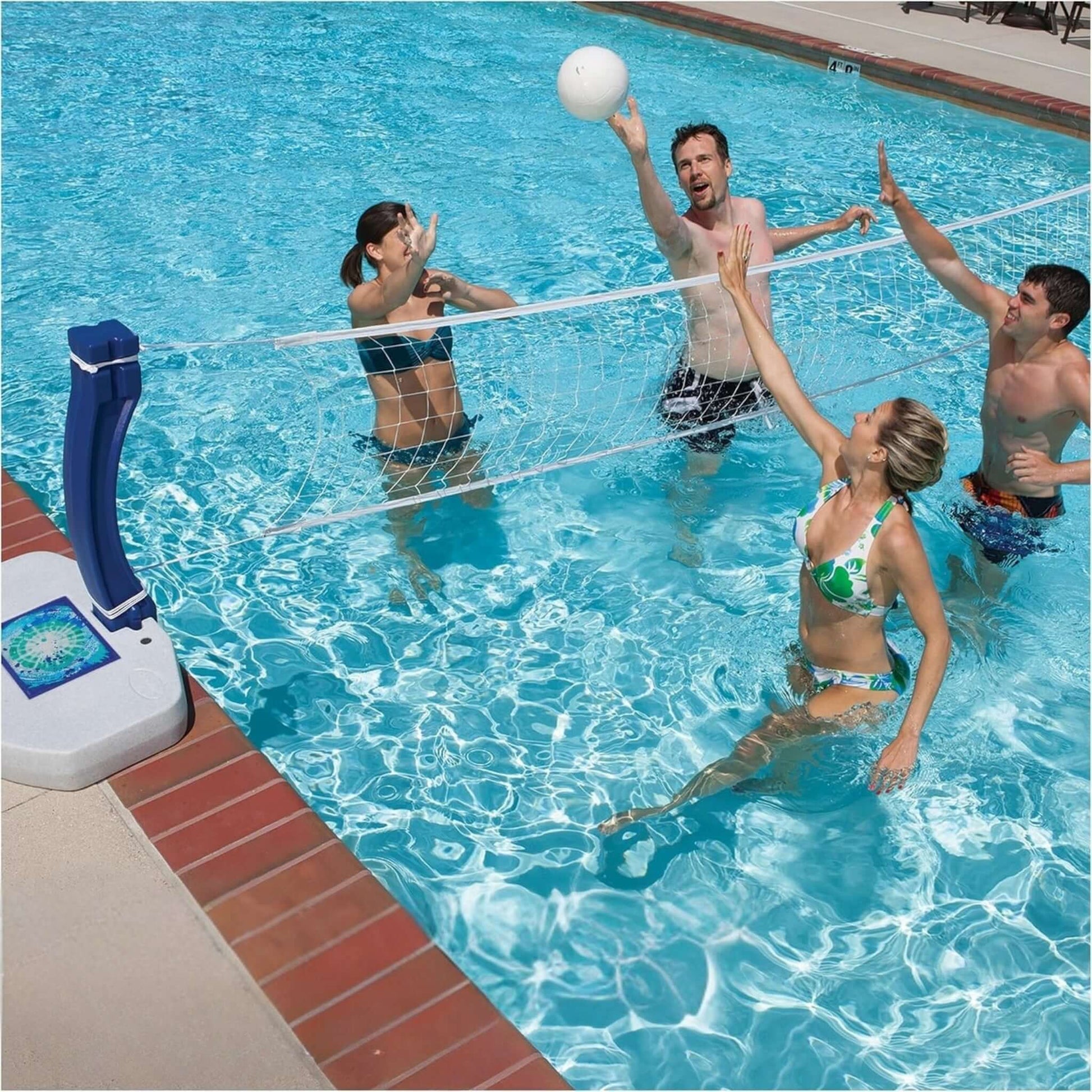 Group of four friends enjoying the SwimWays 2-in-1 Pool Sport Combo Set, playing volleyball in a pool. SKU 6042387.