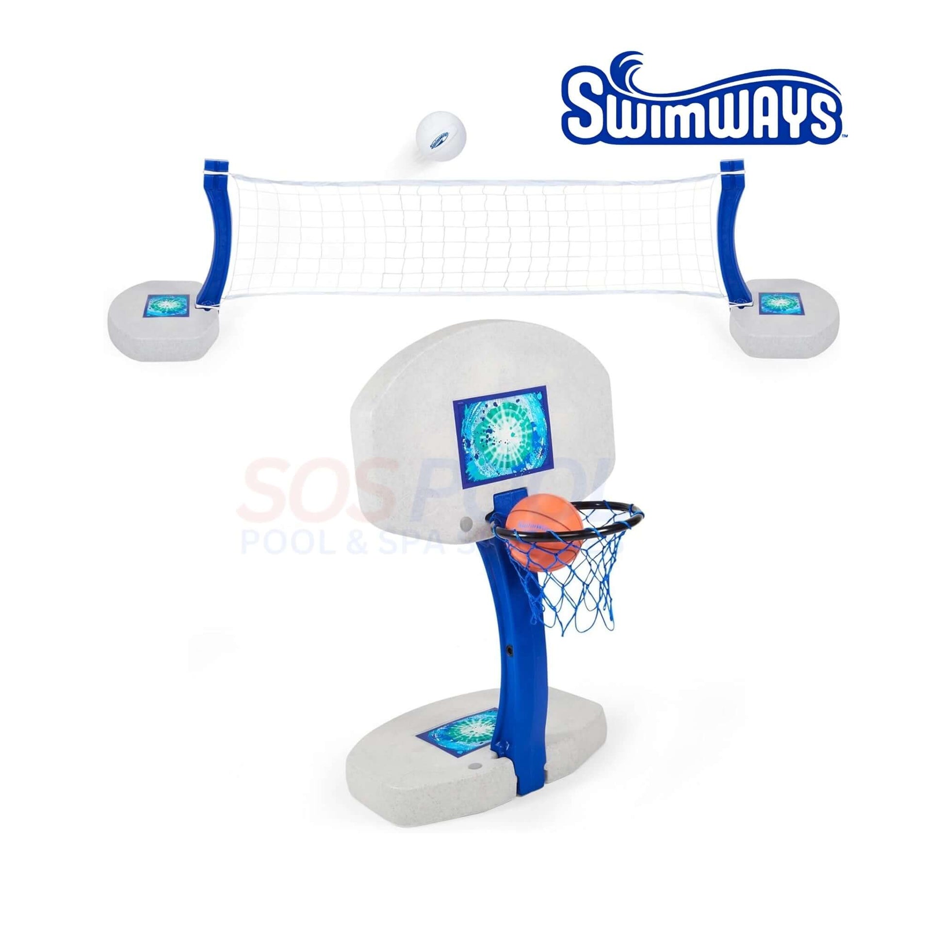 SwimWays 2-in-1 Pool Sport Combo Set featuring basketball hoop and volleyball net, SKU 6042387, ideal for summer fun.
