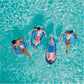 Four people relaxing on SwimWays Elite Spring Float Sunseat in a pool, SKU 6069309, enjoying a sunlit day.