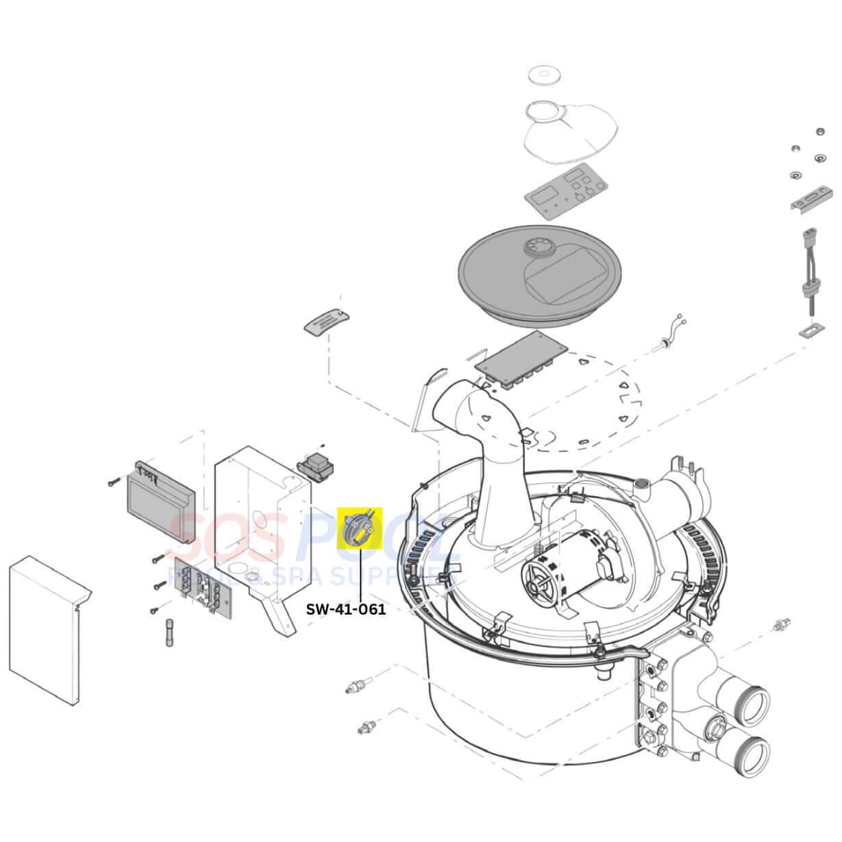 Exploded view diagram of Swimables Air Flow Switch SW-41-061 for Pentair MasterTemp and Max-E-Therm heaters.